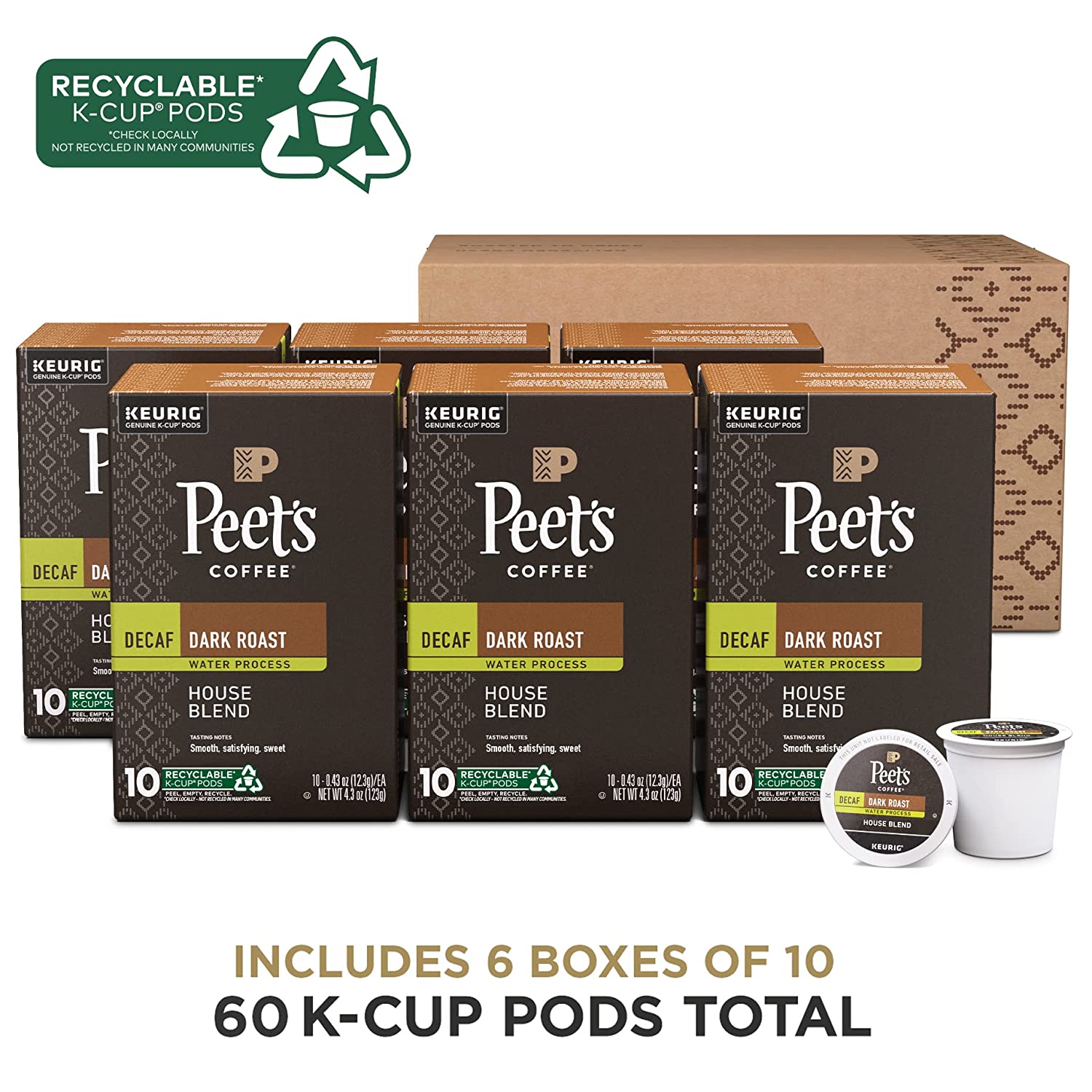Peet-s Coffee. Dark Roast Decaffeinated Coffee K-Cup Pods for Keurig Brewers - Decaf House Blend . 10 count (Pack of 6)