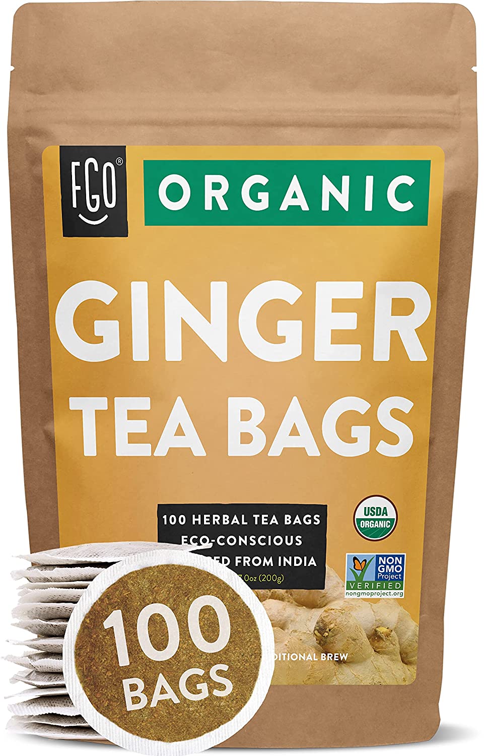 FGO Organic Ginger Tea Bags 100 Tea Bags Eco-Conscious Tea Bags in Kraft Bag Raw from India