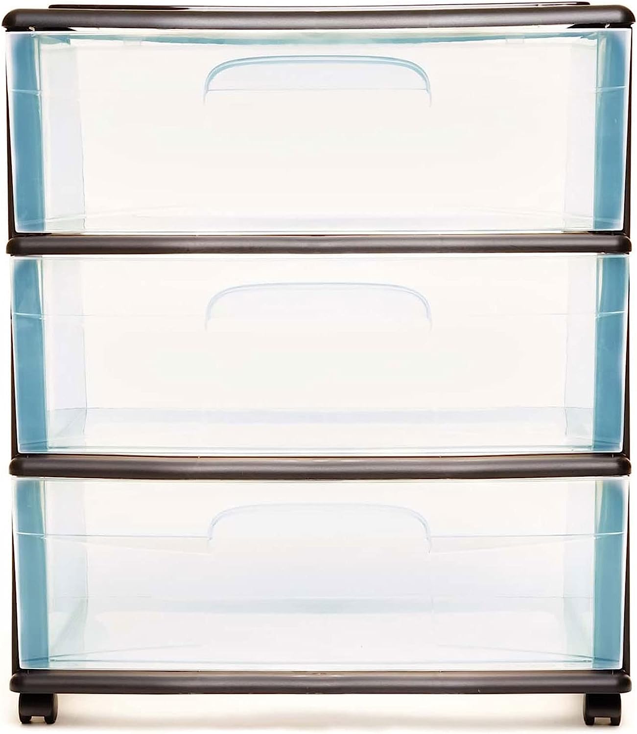 HOMZ Plastic 3 Drawer Wide Cart. Black Frame. Clear Drawers. 4 Casters included. Set of 1