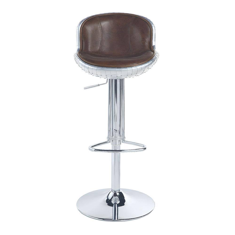 Acme Furniture  Brancaster 41 in. Vintage Brown and Aluminum Low Back Metal Frame Adjustable Swivel Bar Stool with Leather Seat