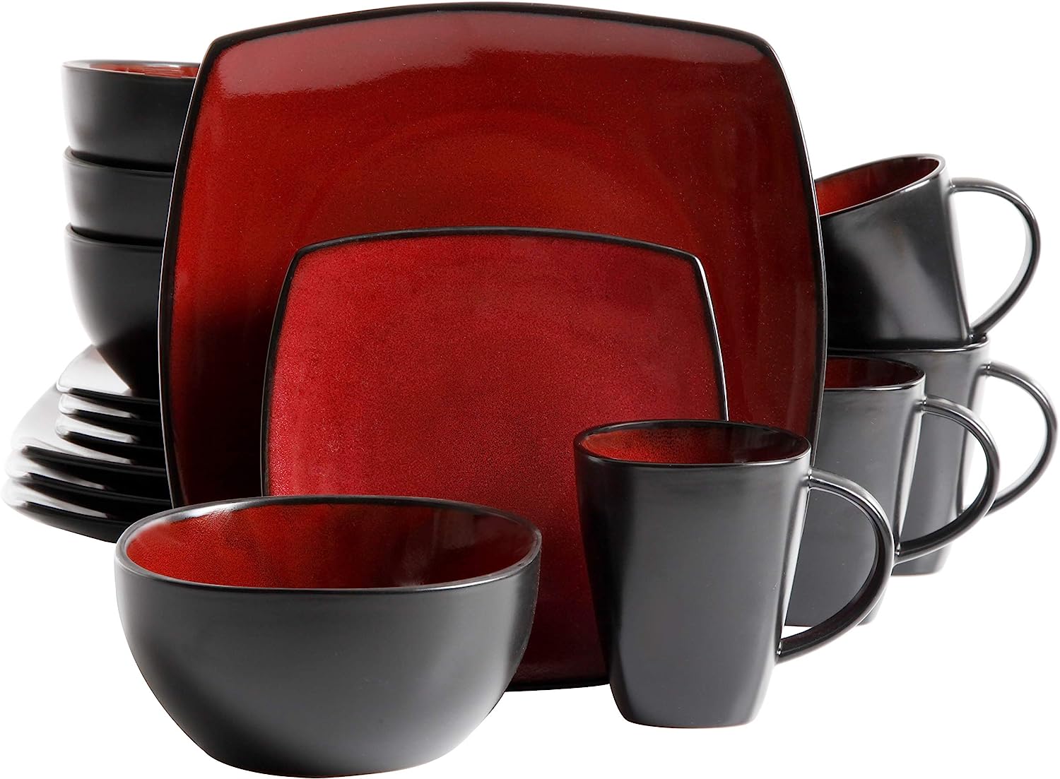 Gibson Soho Lounge 16-Piece Square Reactive Glaze Dinnerware Set. Red