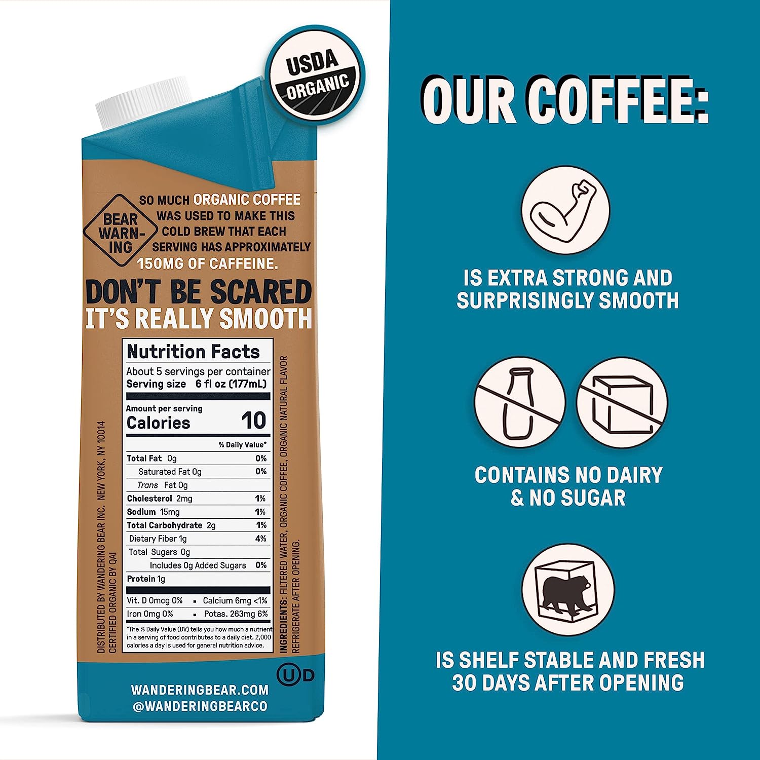 Wandering Bear Organic Vanilla Cold Brew Coffee. 32 fl oz. 6 pack - Extra Strong. Smooth. Organic. Unsweetened. Shelf-Stable. and Ready to Drink Iced Coffee. Cold Brewed Coffee. Cold Coffee
