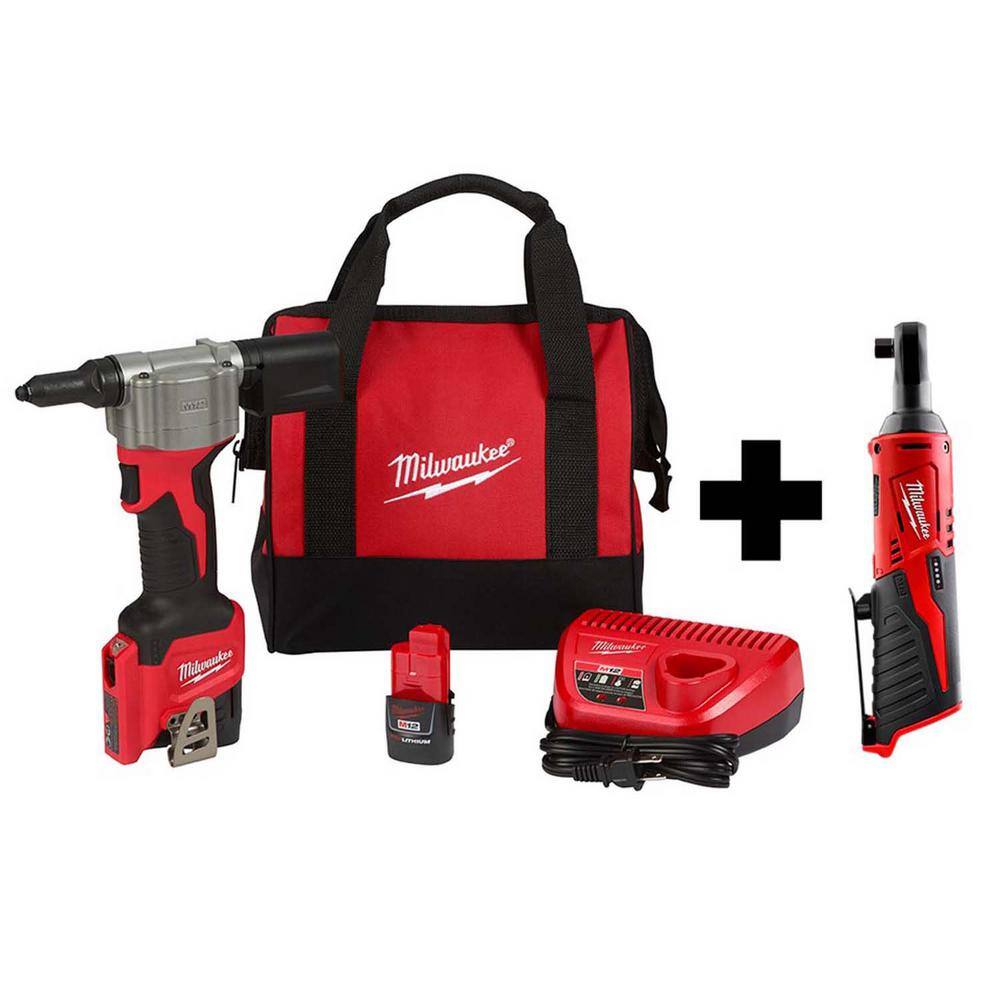 Milwaukee  M12 12-Volt Lithium-Ion Cordless Rivet Tool Kit with M12 3/8 in. Ratchet