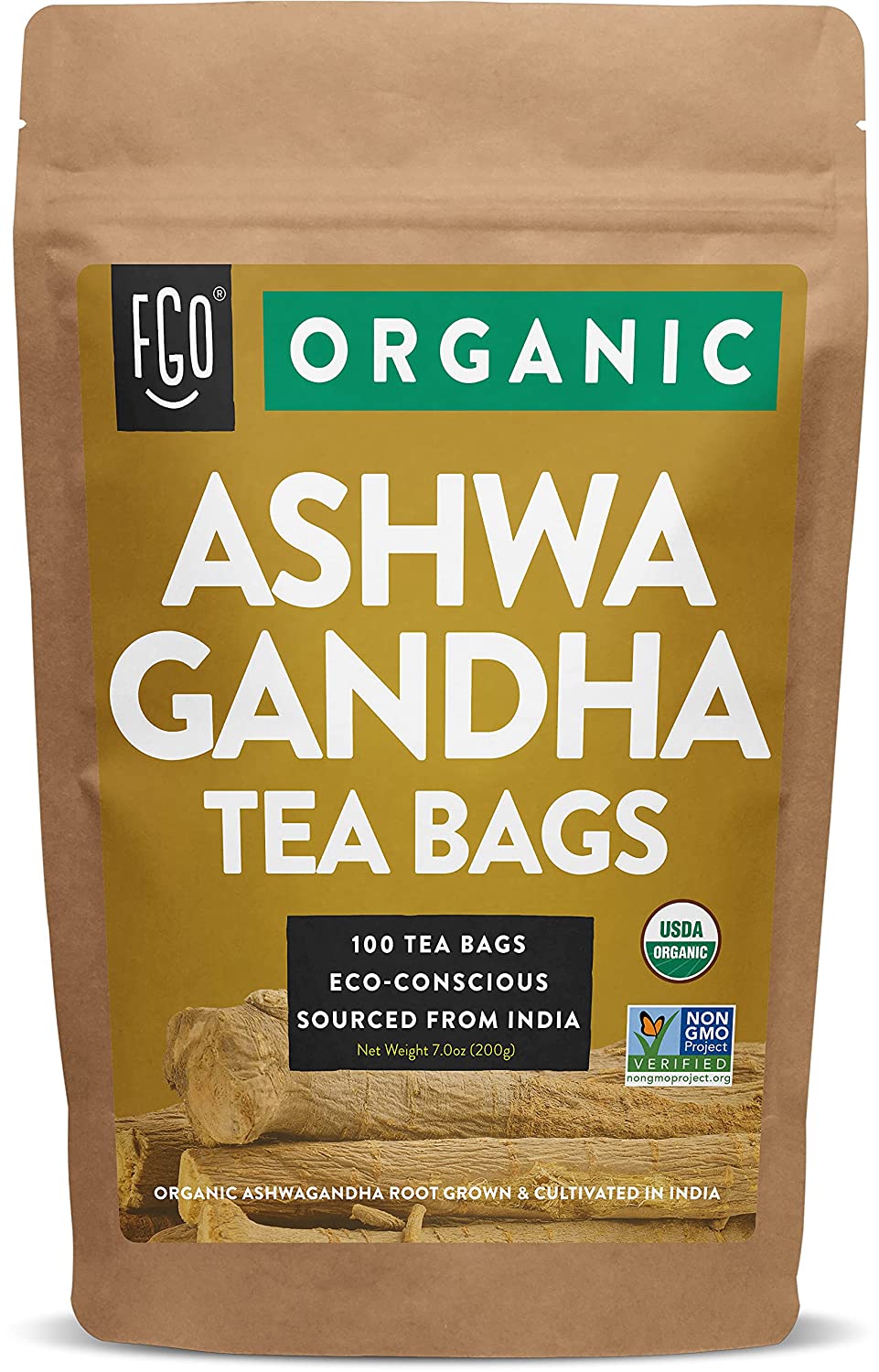 FGO Organic Ashwagandha Tea Bags. 100 Tea Bags Eco-Conscious Tea Bags in Kraft Bag