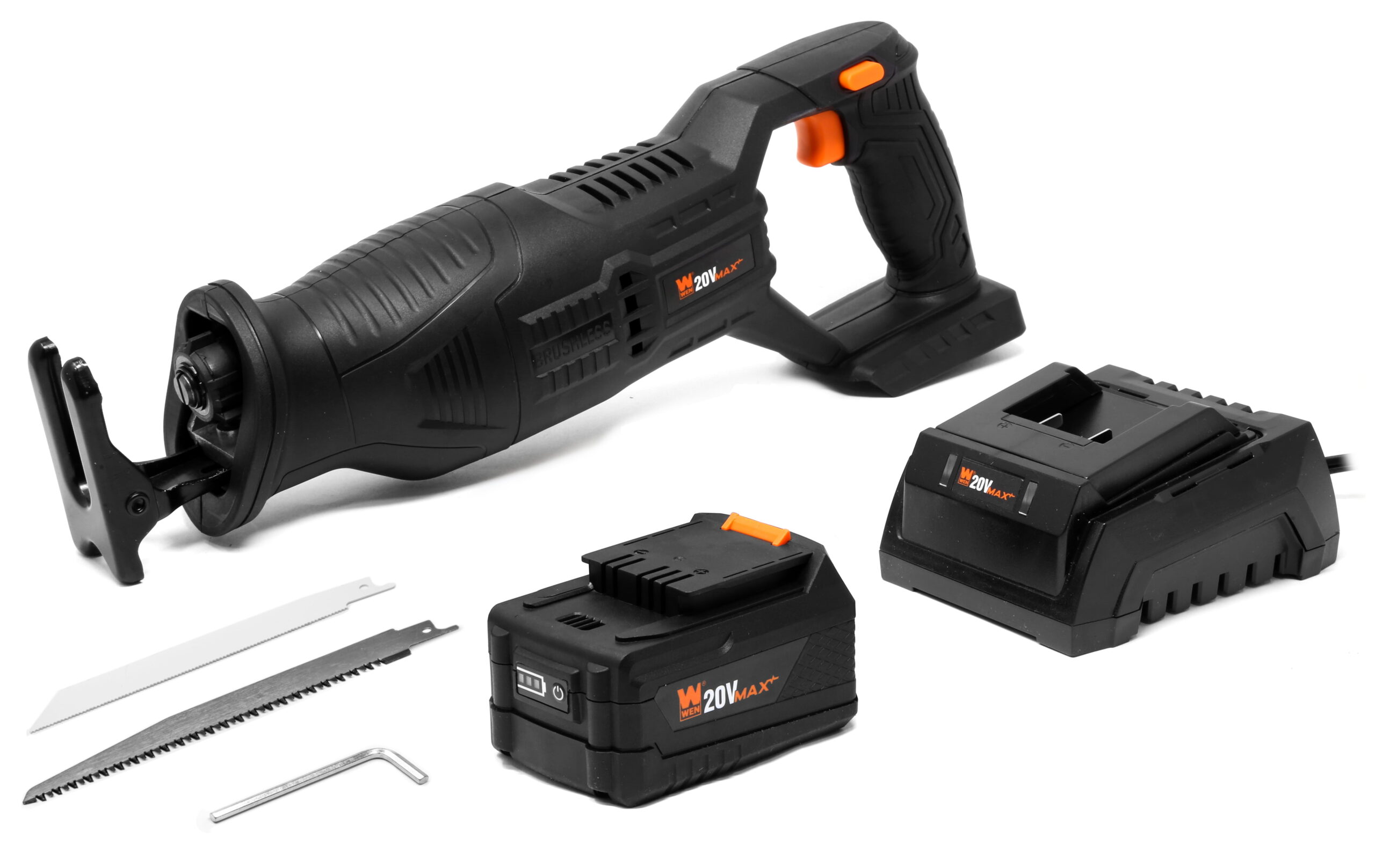 WEN 20V Max Brushless Cordless Reciprocating Saw with 4.0Ah Lithium-Ion Battery and Charger