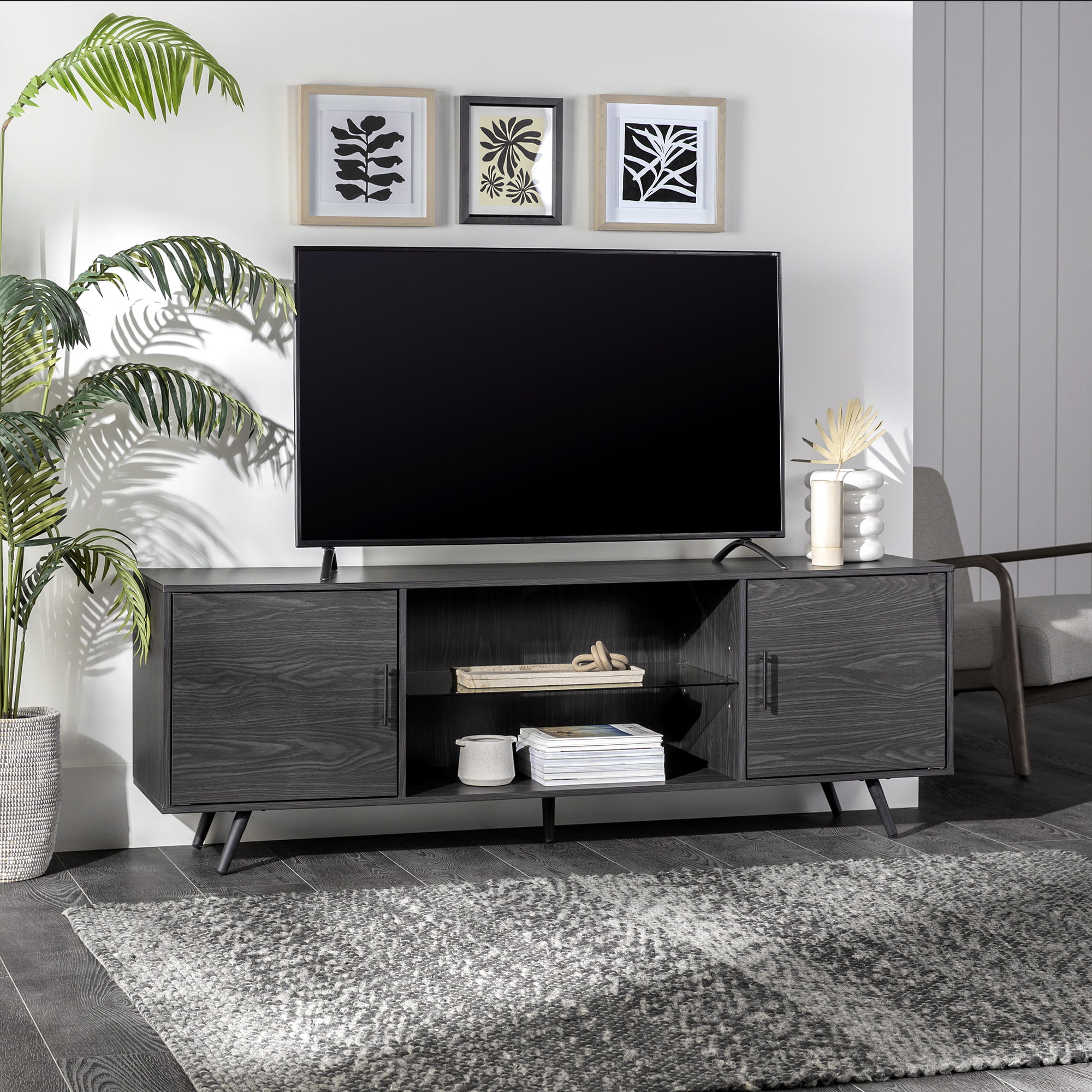 Desert Fields Thea Mid Century Two-Door TV Stand for TVs up to 80″. Graphite