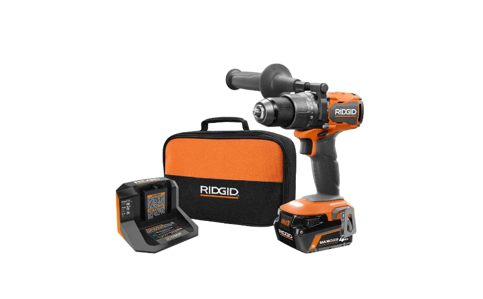RIDGID R86115K 18V Brushless Cordless 1/2 in. Hammer Drill/Driver Kit with 4.0 Ah MAX Output Battery. 18V Charger. and Tool Bag
