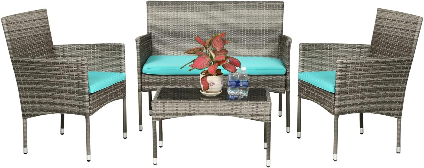 FDW Patio Conversation Set 4 Pieces Outdoor Furniture Set Wicker with Rattan Chair Loveseats Coffee Table for Outdoor Indoor Garden Backyard Porch Poolside Balcony.Gray Wicker/Blue Cushions