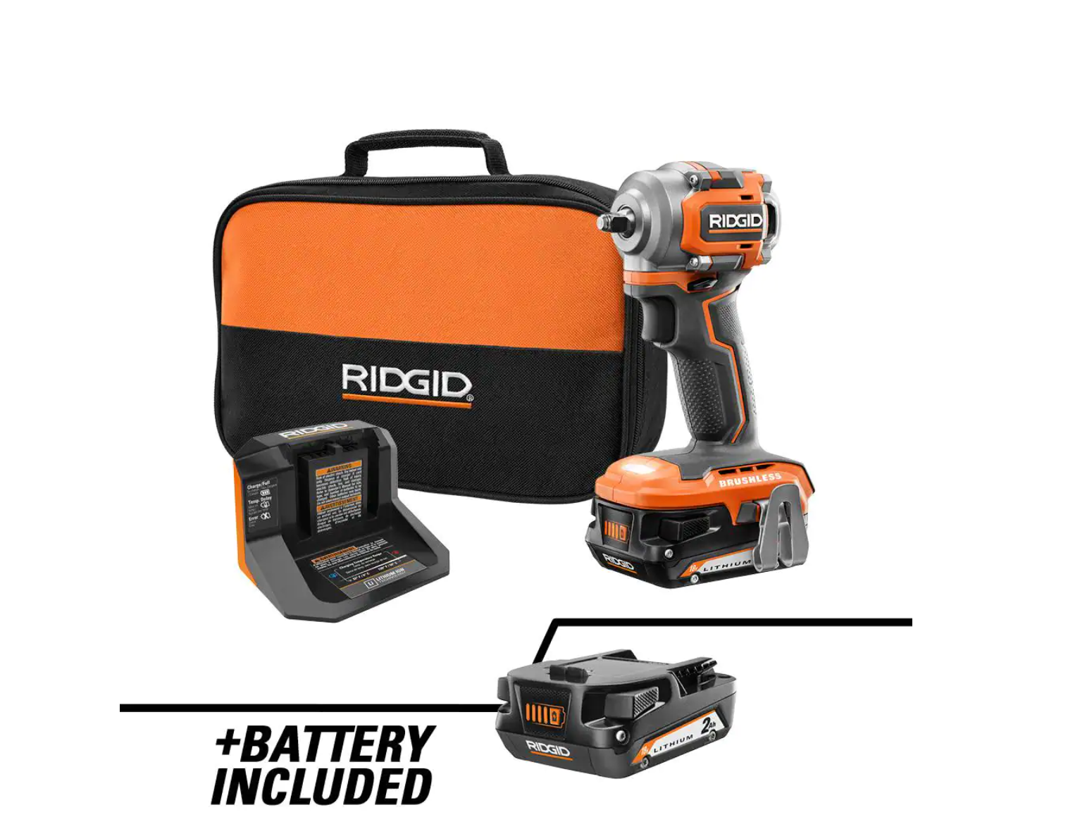 RIDGID R87207K-AC8400802 18V SubCompact Brushless Cordless 3/8 in. Impact Wrench Kit with 2.0 Ah Battery. 18V Charger. and Extra 2.0 Ah Battery