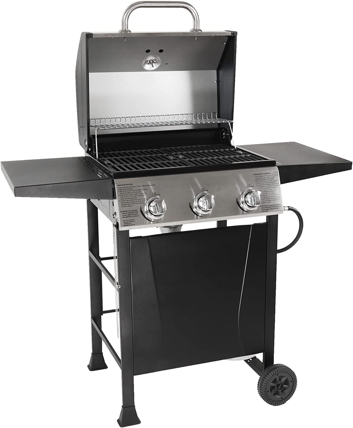 Grill Boss GBC1932M Outdoor BBQ 3 Burner Propane Gas Grill for Barbecue Cooking with Top Cover Lid. Wheels. & Side Shelves. Black