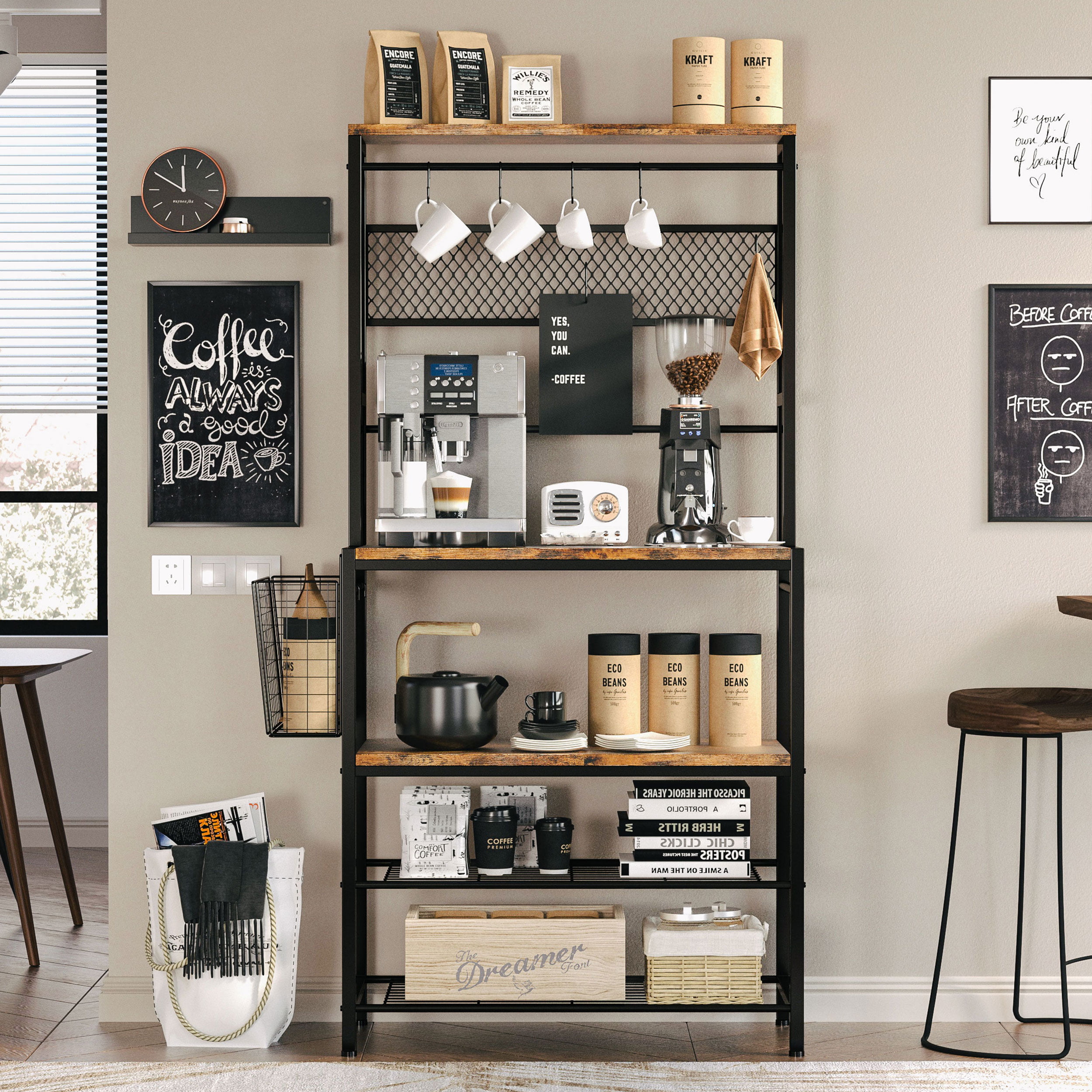 IRONCK Baker-s Rack. Industrial Kitchen Island with Hooks  33in Microwave Stand Vintage Brown Manufactured