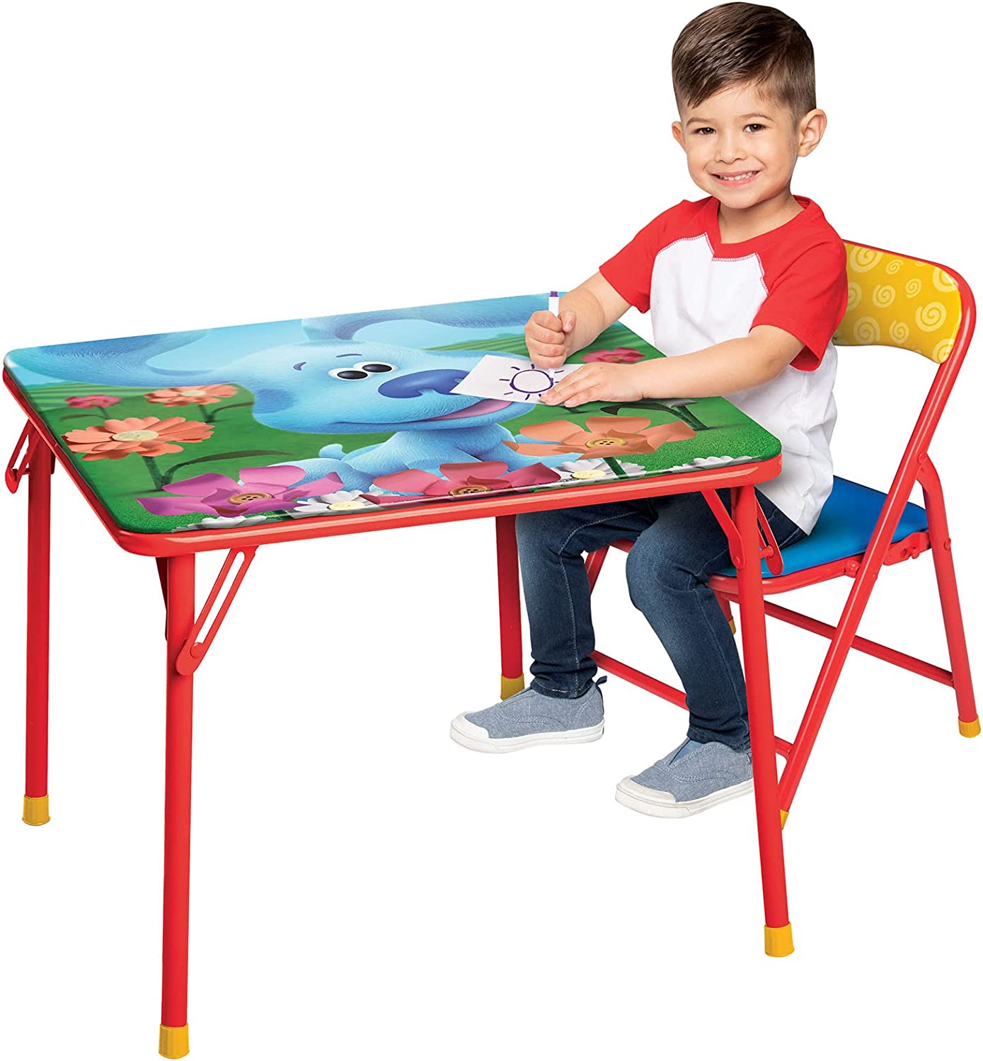 Jakks Pacific Blue-s Clues & You! Junior Table & Chair Set – Folding Childrens Table & Chair Set – Includes 1 Kid Chair with Non-Skid Rubber Feet & Padded Seat – Sturdy Metal Construction