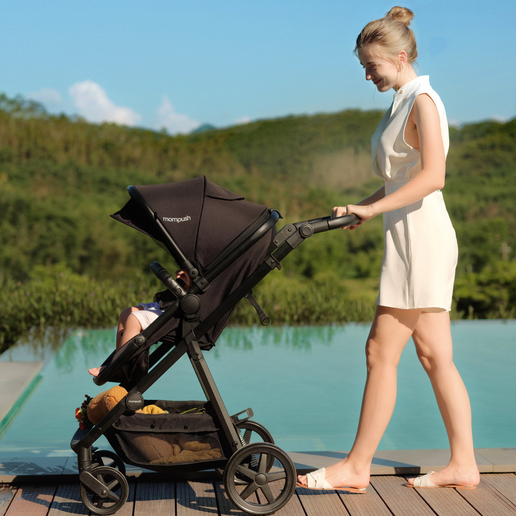 Mompush Meteor2. 2-in-1 Baby Stroller with Bassinet Mode. Adjustable Handle and Footrest. Car Seat Adapter Include. Black. Unisex