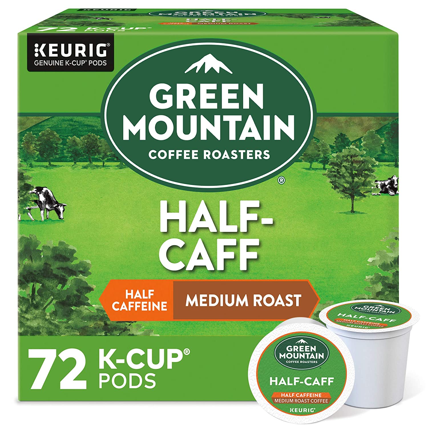 Green Mountain Coffee Roasters Half Caff. Single-Serve Keurig K-Cup Pods. Medium Roast Coffee. 72 Count