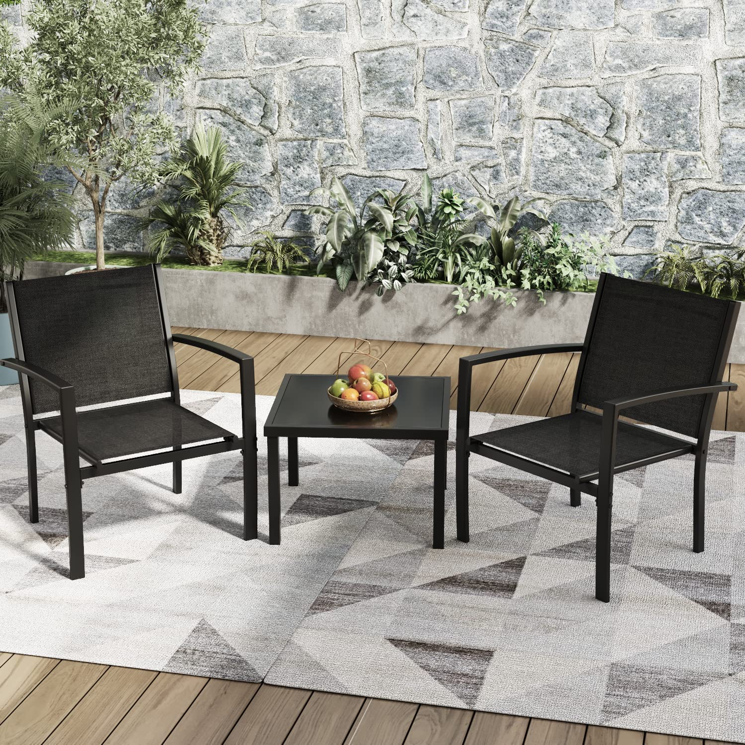 Greesum 3 Pieces Patio Furniture Set Outdoor Conversation Textilene Fabric Chairs for Lawn. Garden. Balcony. Poolside with A Glass Coffee Table. Black