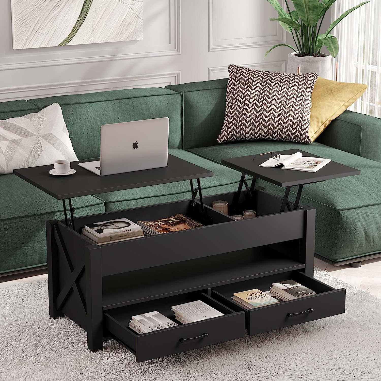 Seventable Coffee Table. 47.2″ Lift Top Coffee Table with 2 Storage Drawers and Hidden Compartment. X Wood Farmhouse Support. Retro Center Table with Wooden Lift Tabletop. for Living Room.Black