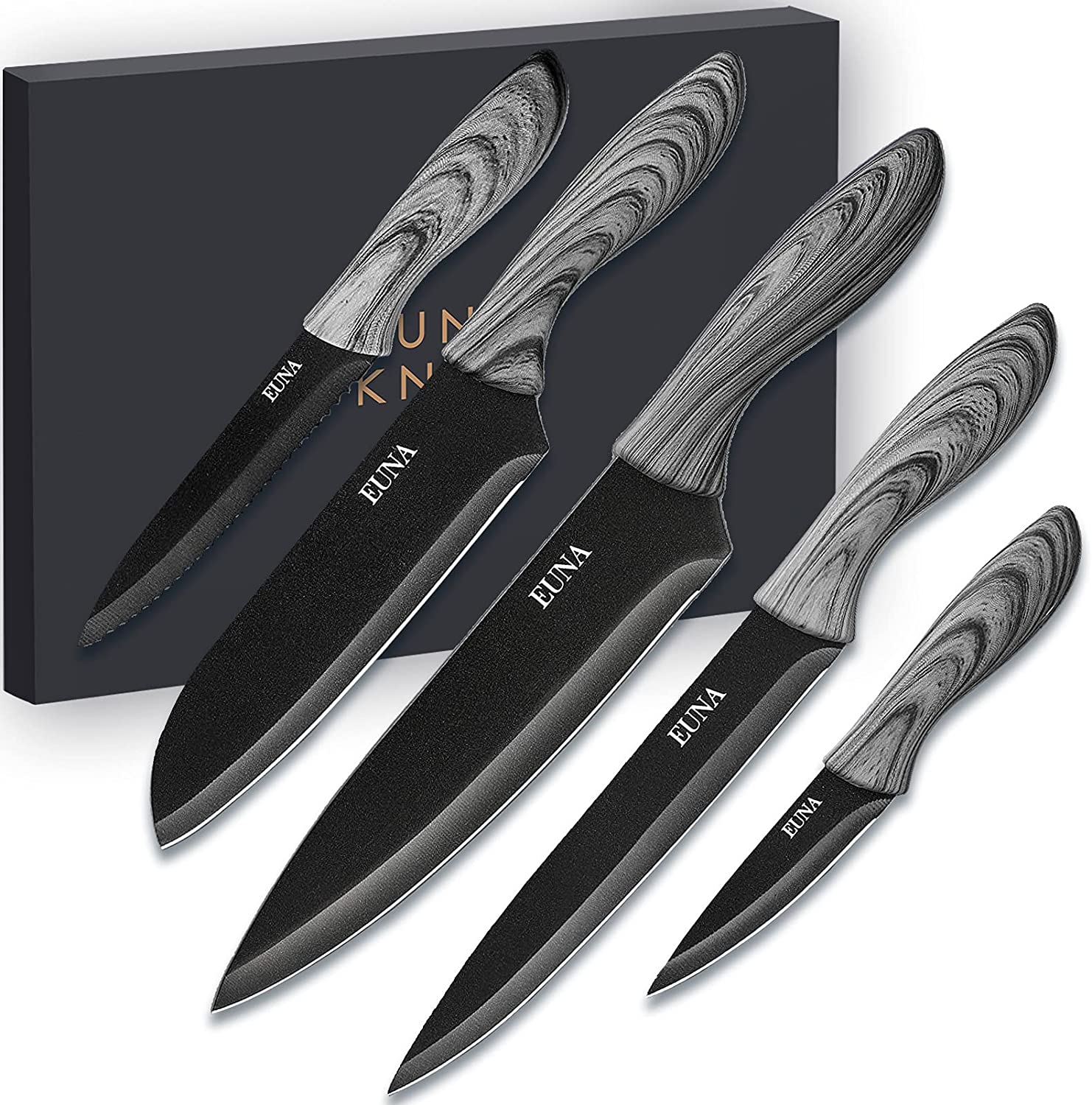 EUNA 5 PCS Kitchen Knife Set with Multiple Sizes. Ultra-Sharp Chef Cooking Knives with Sheaths and Gift Box. Chef Knife Set for Professional Multipurpose Cooking with Ergonomic Handle