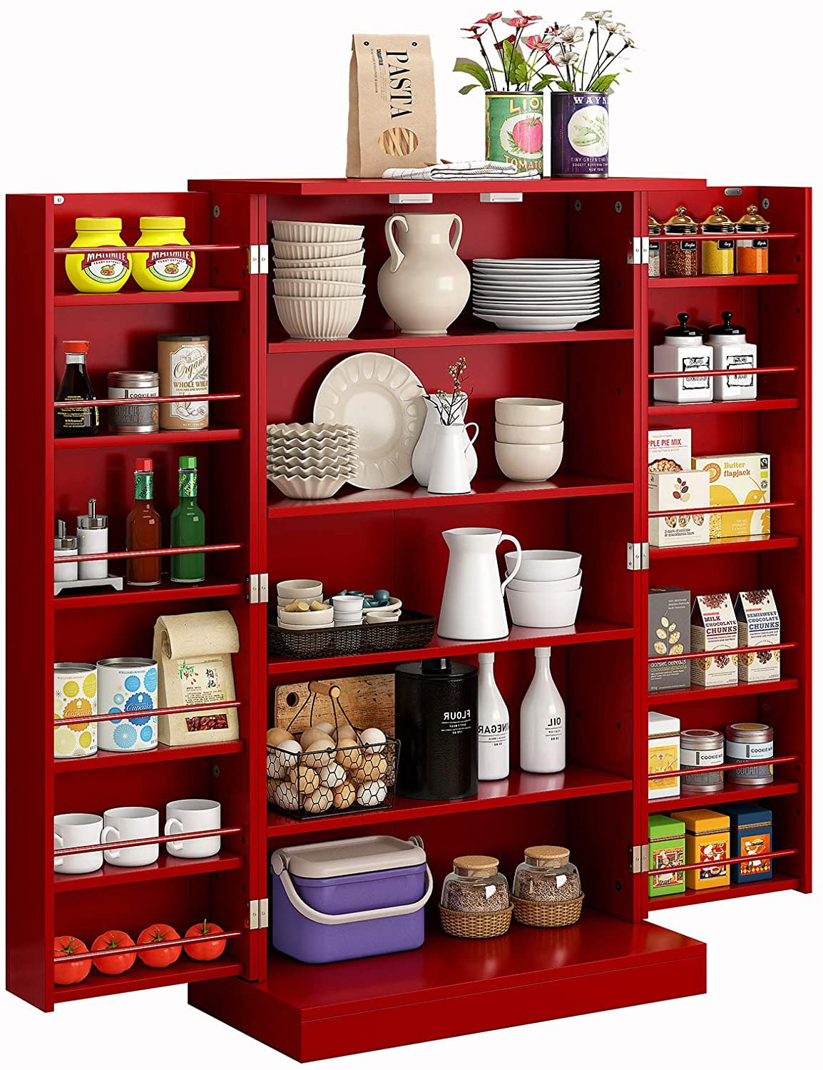 HOMEFORT 41″ Kitchen Pantry. Farmhouse Pantry Cabinet. Storage Cabinet with Doors and Adjustable Shelves (Red)