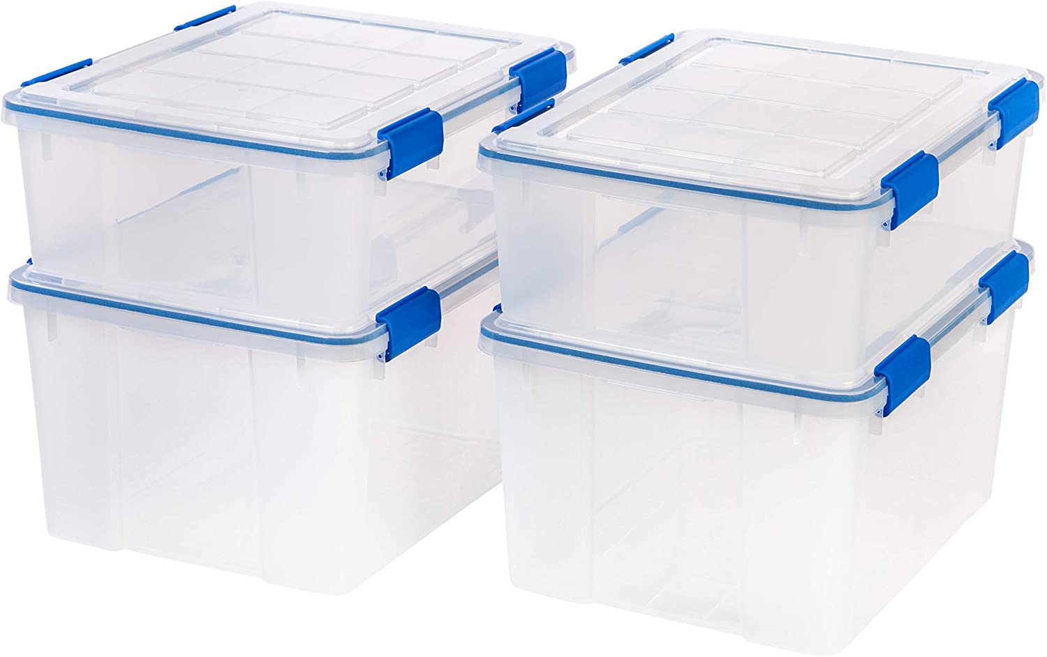 IRIS USA 26.5 & 44 Quart Combo WEATHERPRO Plastic Storage Box with Durable Lid and Seal and Secure Latching Buckles. Clear With Blue Buckles. Weathertight. 4 Pack