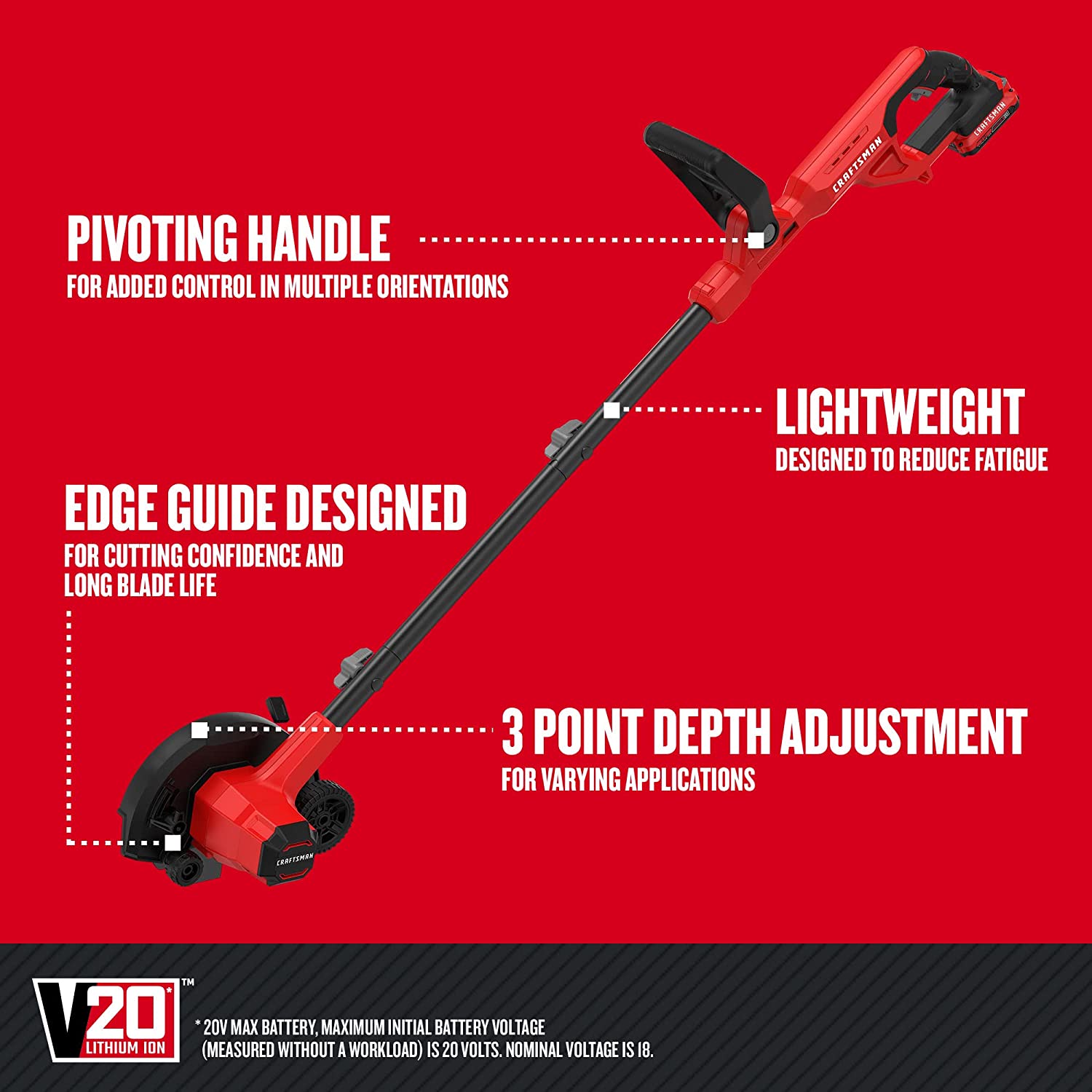 CRAFTSMAN 20V MAX Edger Lawn Tool. Cordless Lawn Edger with Battery & Charger Included (CMCED400D1). Red