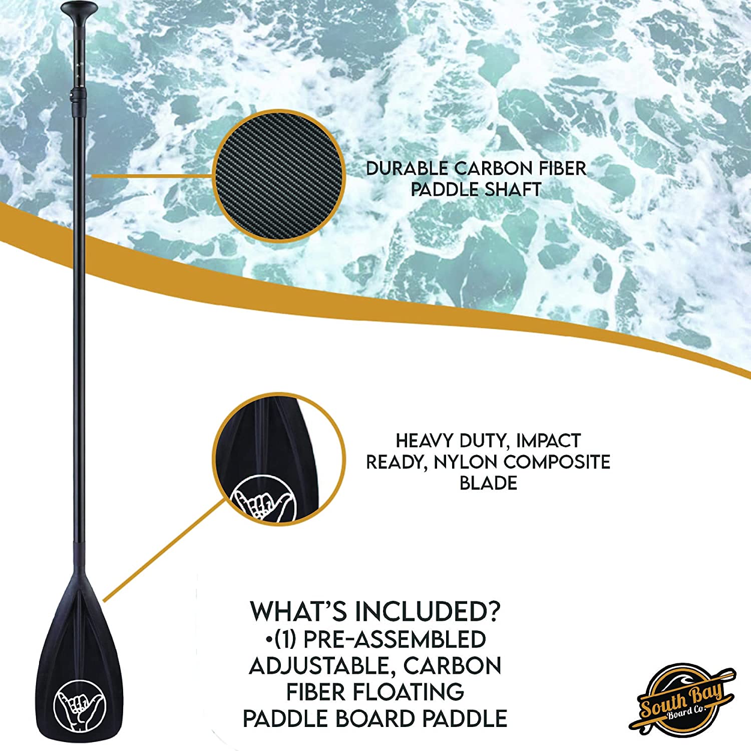 South Bay Board Co. - SUP Paddleboard Paddles - 2-Piece Kayak/Paddle Board Paddle Options - Carbon Fibe Paddle Shafts