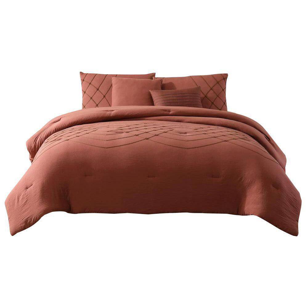 Benjara  Alice 5-Piece Red Stitched Microfiber Queen Comforter Set