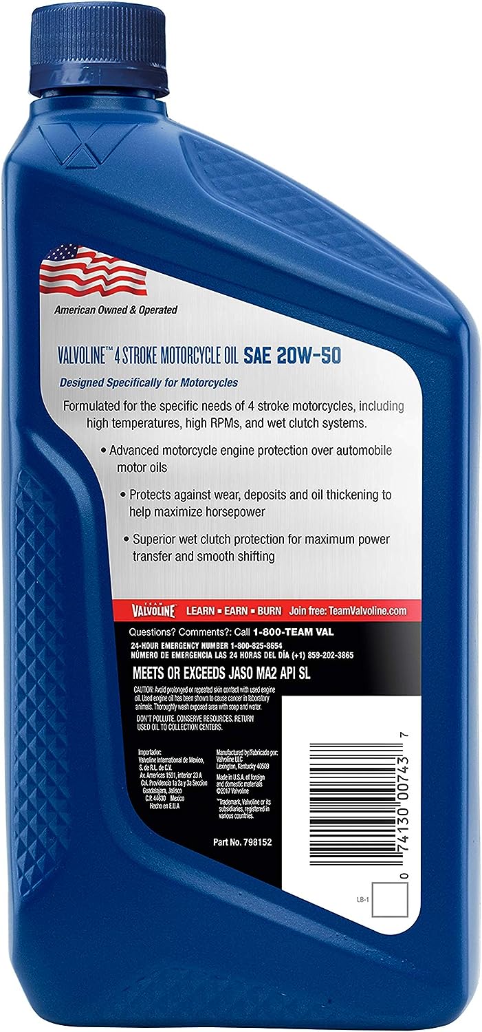 Valvoline 4-Stroke Motorcycle SAE 20W-50 Motor Oil 1 QT. Case of 6