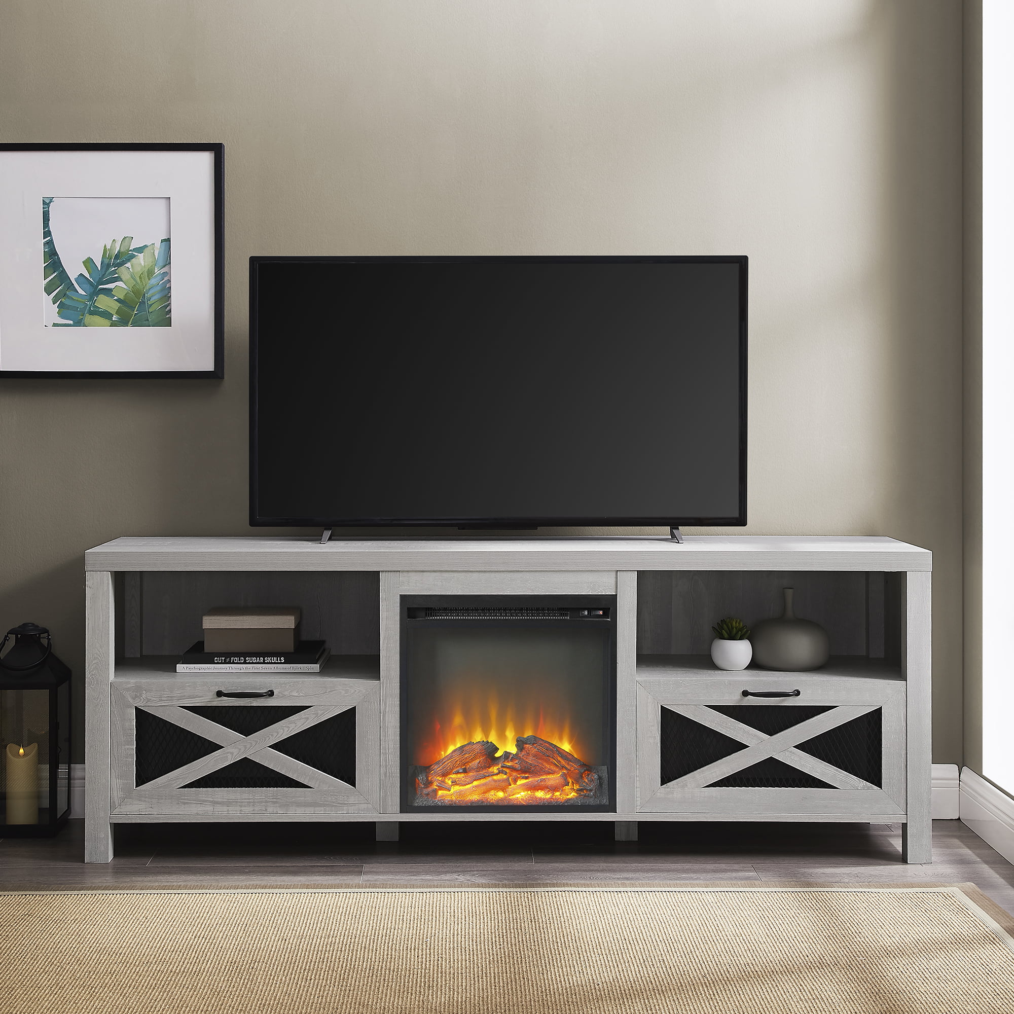Manor Park Rustic Fireplace TV Stand for TVs up to 78″. Stone Grey