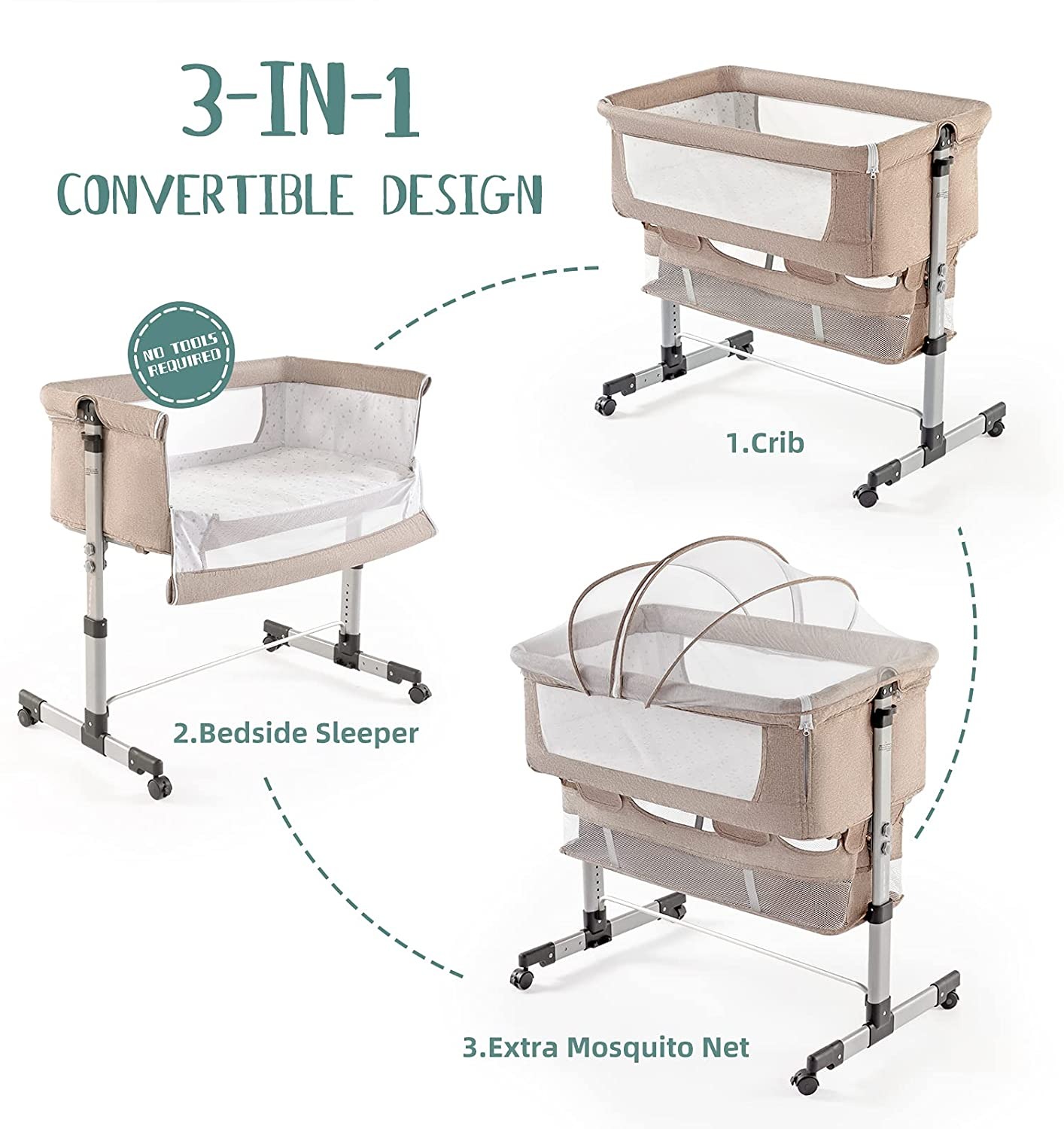 Lamberia 3 in 1 Bassinet for Baby. Easy Folding Sleeper with Mattress (Beige)
