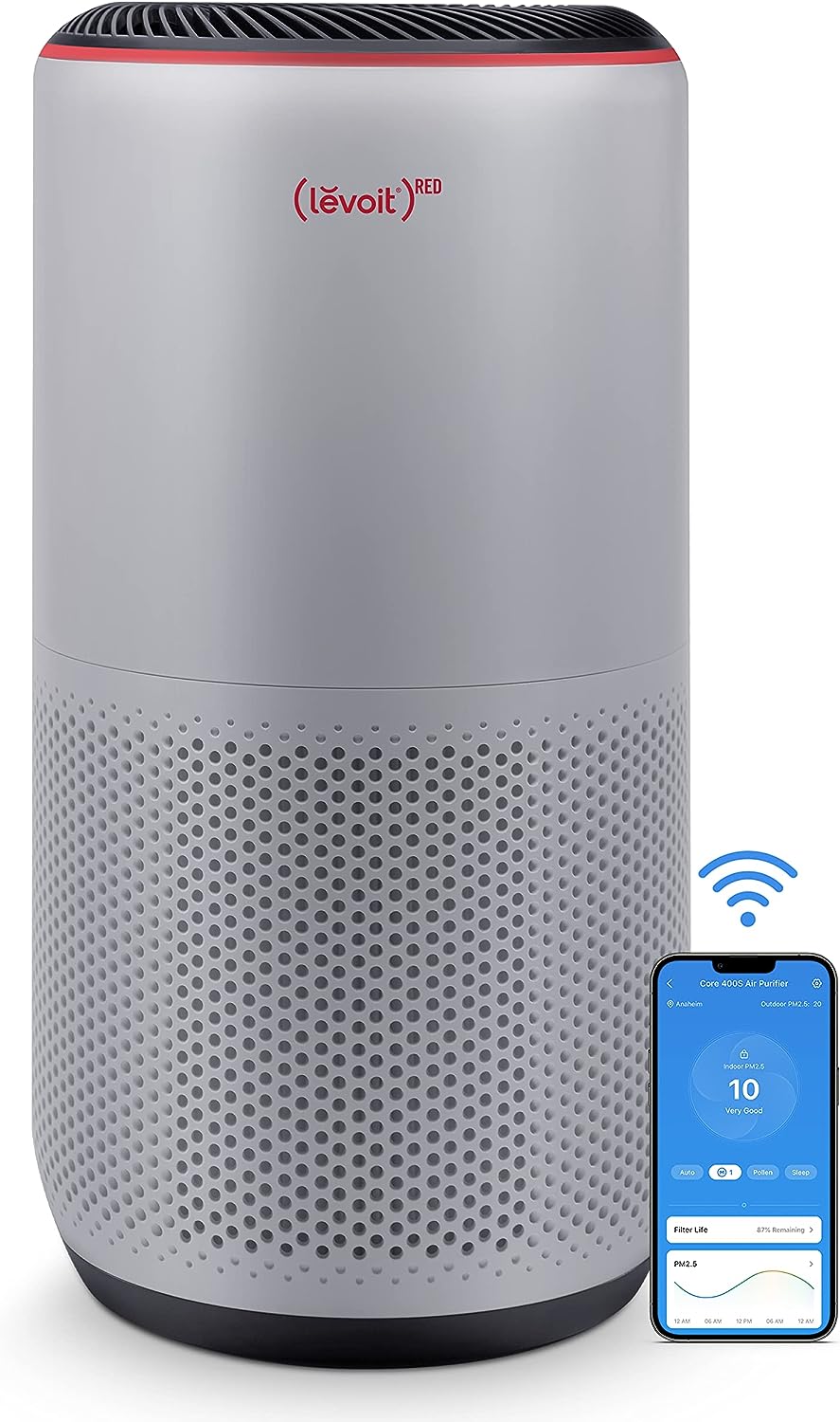 LEVOIT Air Purifiers (RED) for Home Large Room Up to 1980 Ft² in 1 Hr With Air Quality Monitor. Smart WiFi and Auto Mode. HEPA Filter Captures Pet Allergies. Smoke. Dust. Pollen. Core 400S. Gray