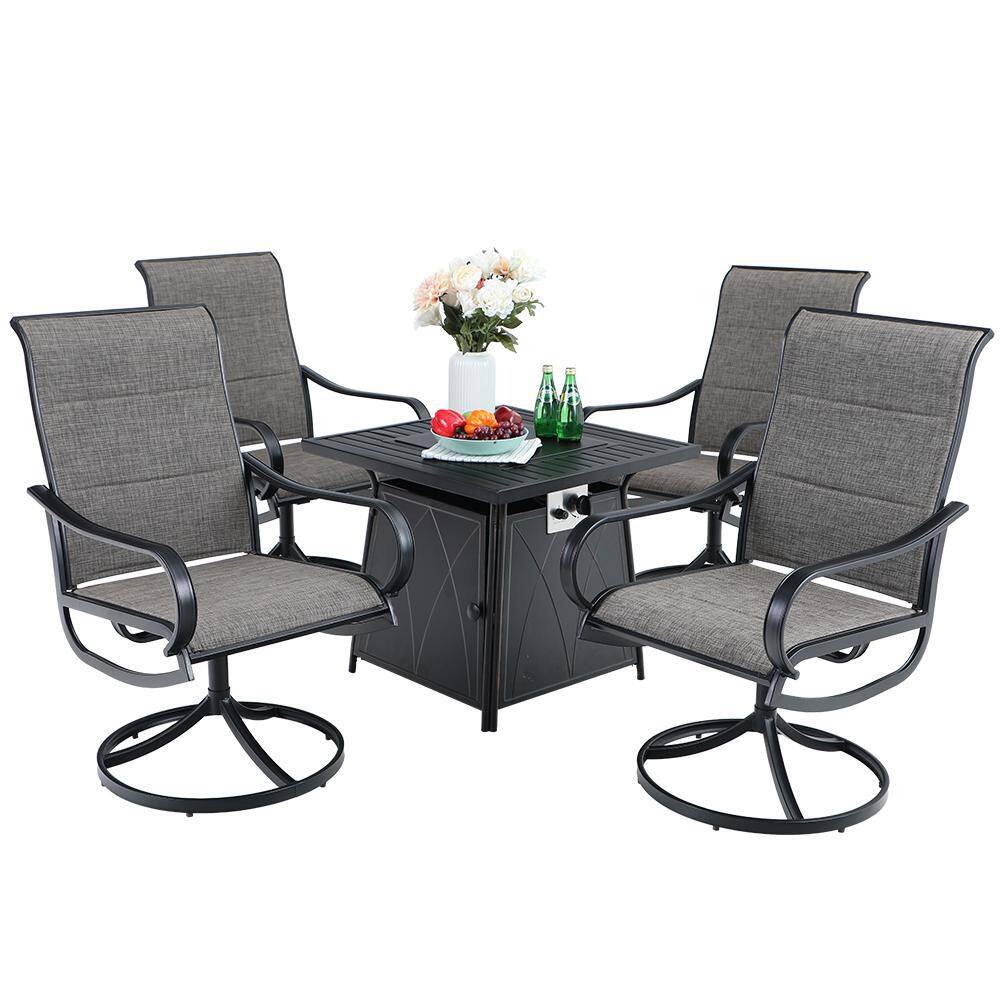 PHI VILLA  Black 5-Piece Metal Patio Fire Pit Set with Padded Textilene Swivel Chairs