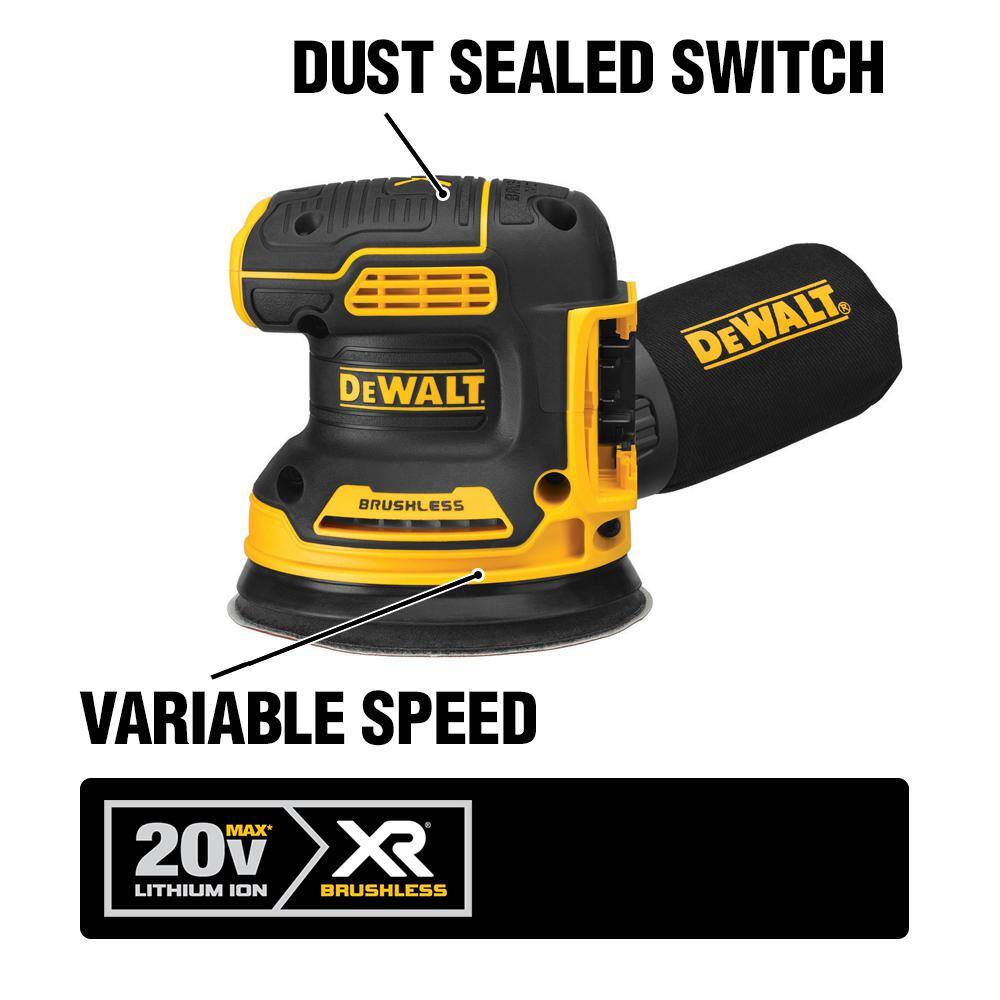 DEWALT  20V MAX XR Cordless Brushless 5 in. Random Orbital Sander. 20V MAX XR Cordless Jigsaw. and (1) 20V 5.0Ah Battery