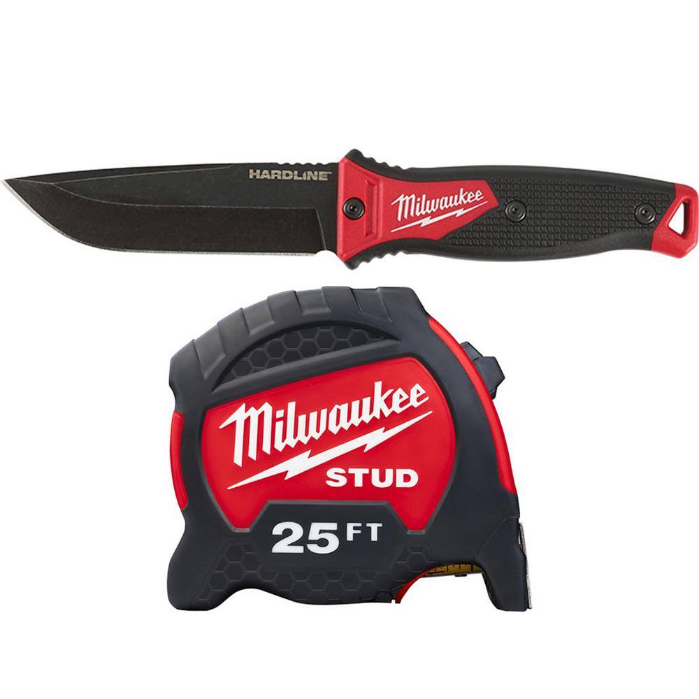 Milwaukee 48-22-1928-48-22-9725 Hardline 5 in. AUS-8 Steel Fixed Blade Knife with 2 5 ft. x 1.3 in. Gen II STUD Tape Measure (2-Piece)
