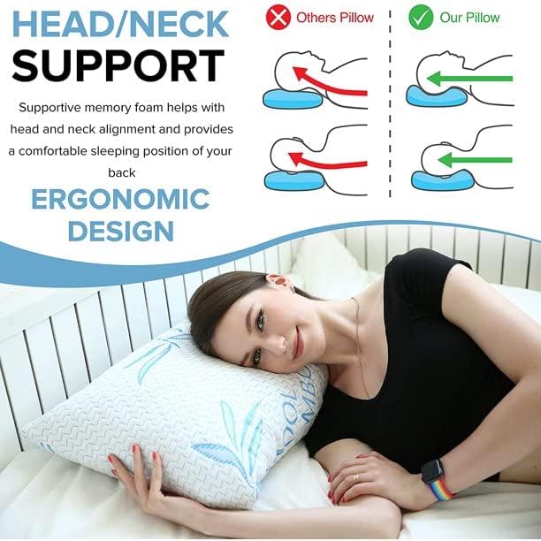 Comfysleep 2 Pack King Bamboo Pillows for Sleeping. Shredded Memory Foam Adjustable Bamboo Bed Pillow with. Removable/Washable Bamboo Rayon Zipper Cover (King 2 Pack)