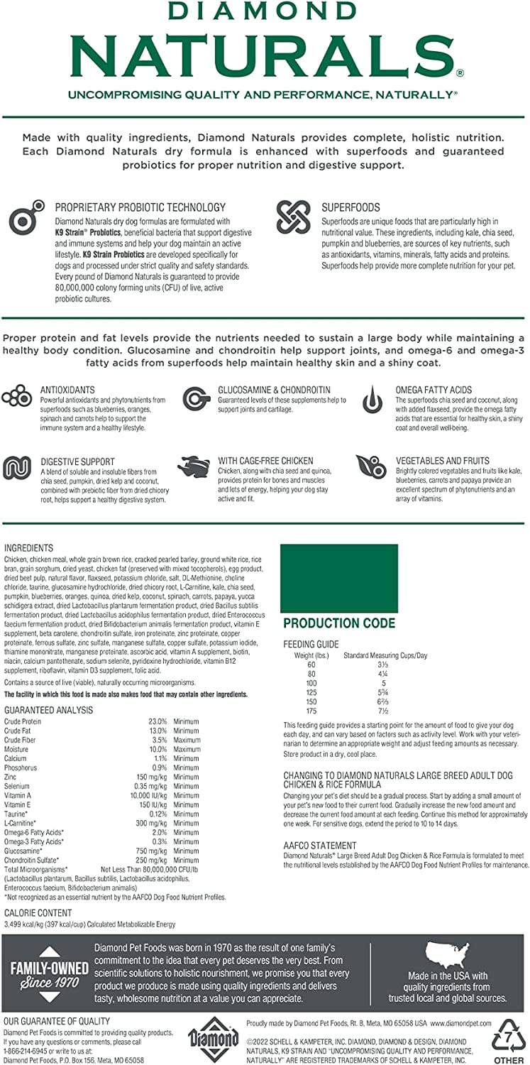 DIAMOND NATURALS Dry Food for Adult Dogs. Large Breed 60+ Chicken Formula. 40 Pound Bag. 40 lb