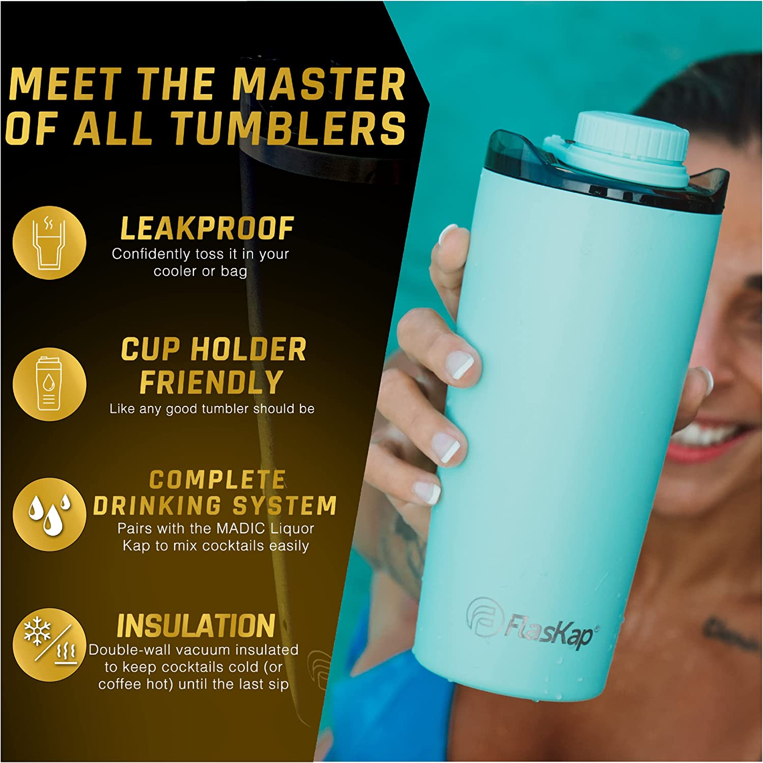 FlasKap VOLST 22 Insulated Tumbler with Standard Lid | Double-Wall Vacuum Insulated - Leak-Proof. Cup Holder Friendly. Fits MADIC 6 (22 oz. Seafoam Green)