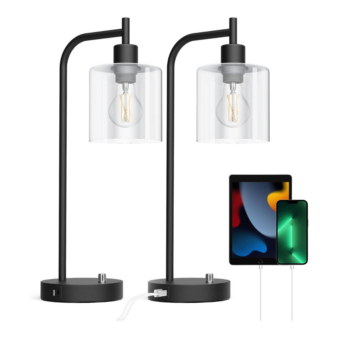 PAZZO Table Lamps for Bedroom Set of 2 with USB Charging Port Type C Port. Bedside Lamp with Stepless Dimmable - Black