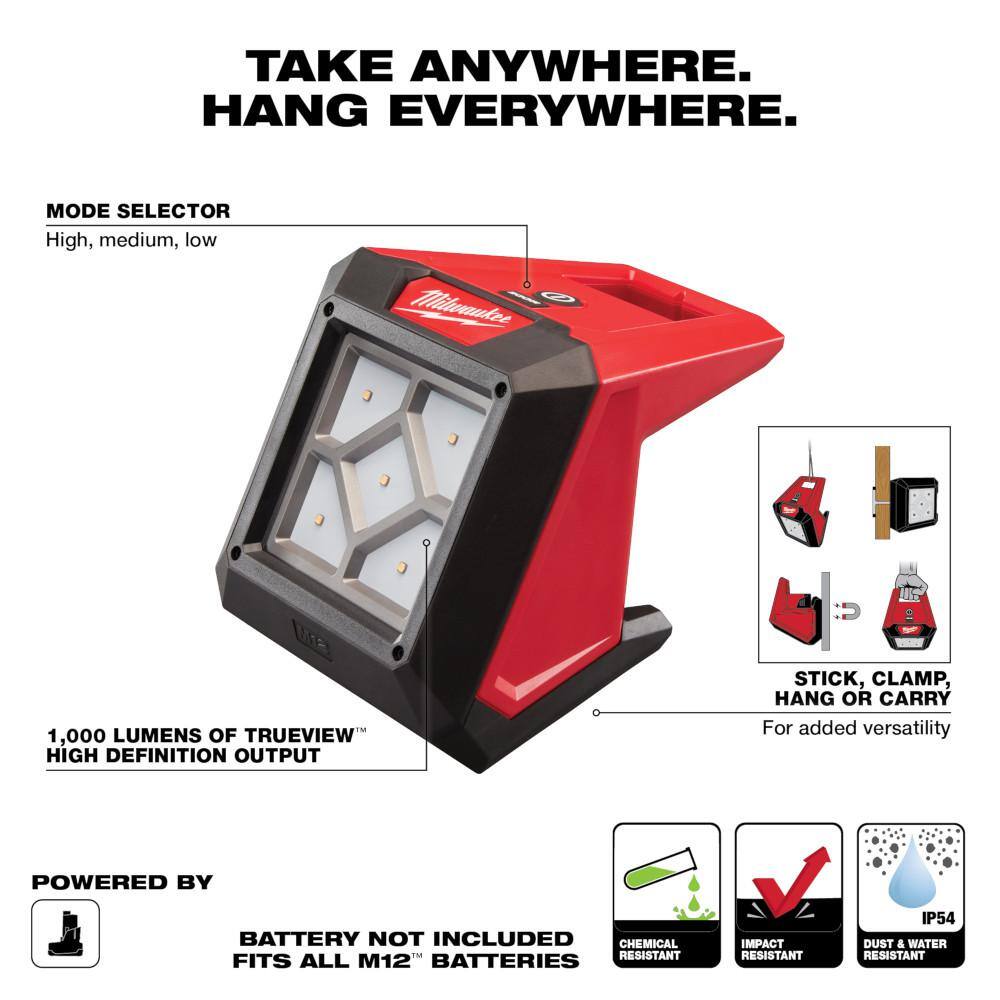 Milwaukee 2364-20-48-11-2460-48-11-2430 M12 12-Volt 1000 Lumens Lithium-Ion Cordless Rover LED Compact Flood Light with M12 6.0 Ah and M12 3.0 Ah Battery Packs