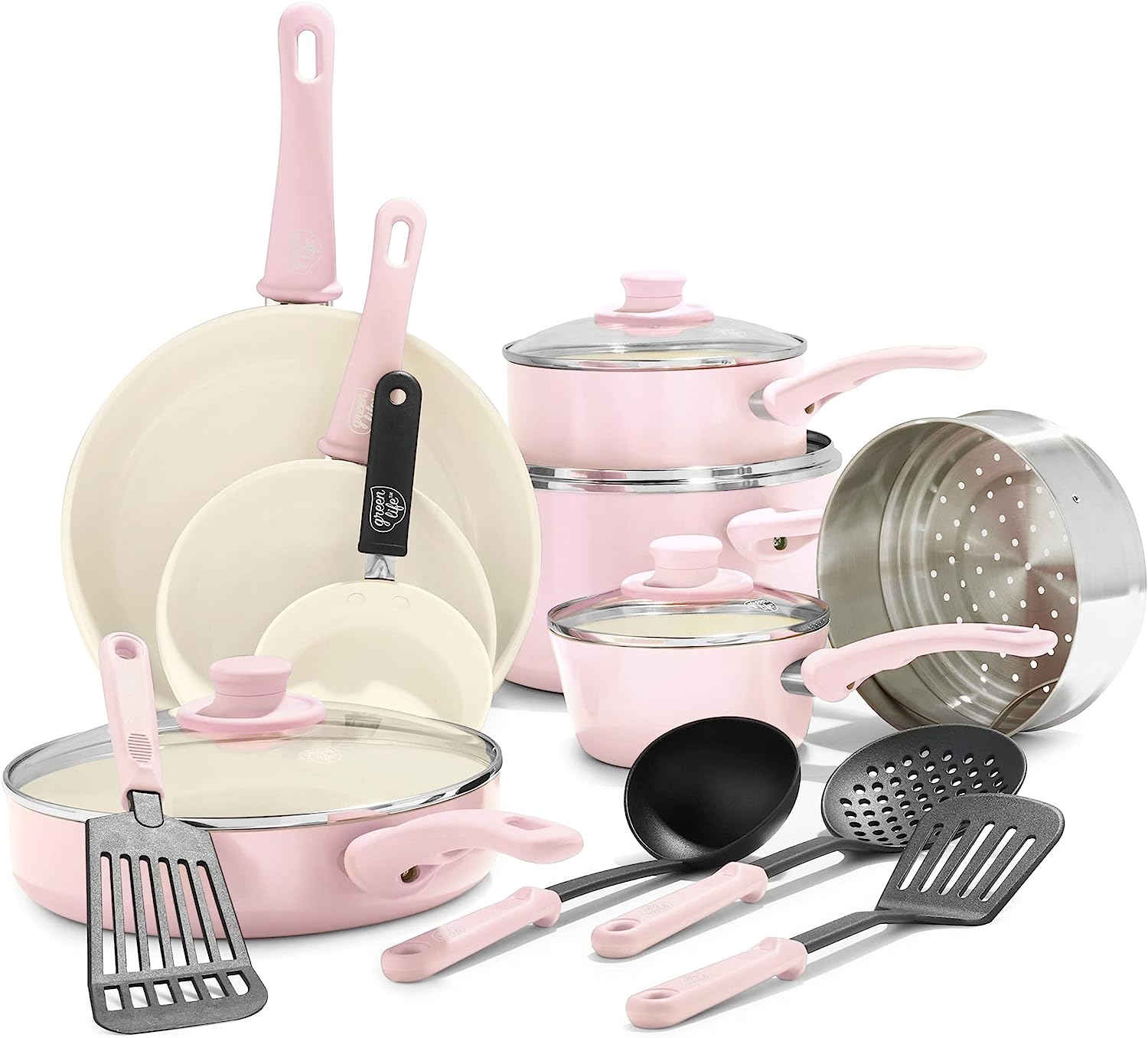 GreenLife Soft Grip Healthy Ceramic Nonstick 16 Piece Kitchen Cookware Pots and Frying Sauce Pans Set. PFAS-Free. Dishwasher Safe. Soft Pink