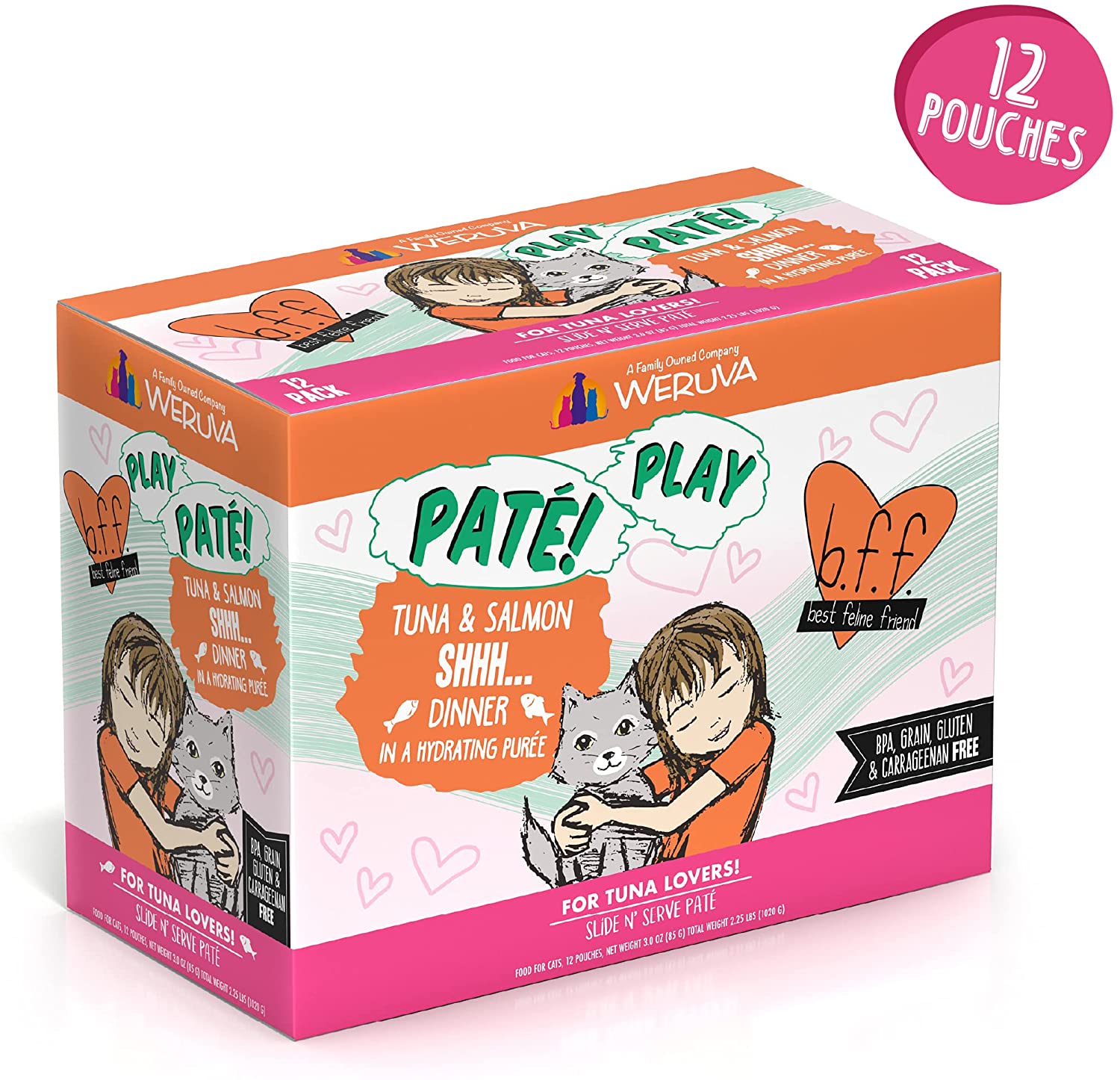 Weruva Wet Cat Food B.F.F. PLAY - Best Feline Friend Paté Lovers. Aw Yeah!. Tuna & Salmon Shhh… with Tuna & Salmon. 3oz Pouch (Pack of 12)