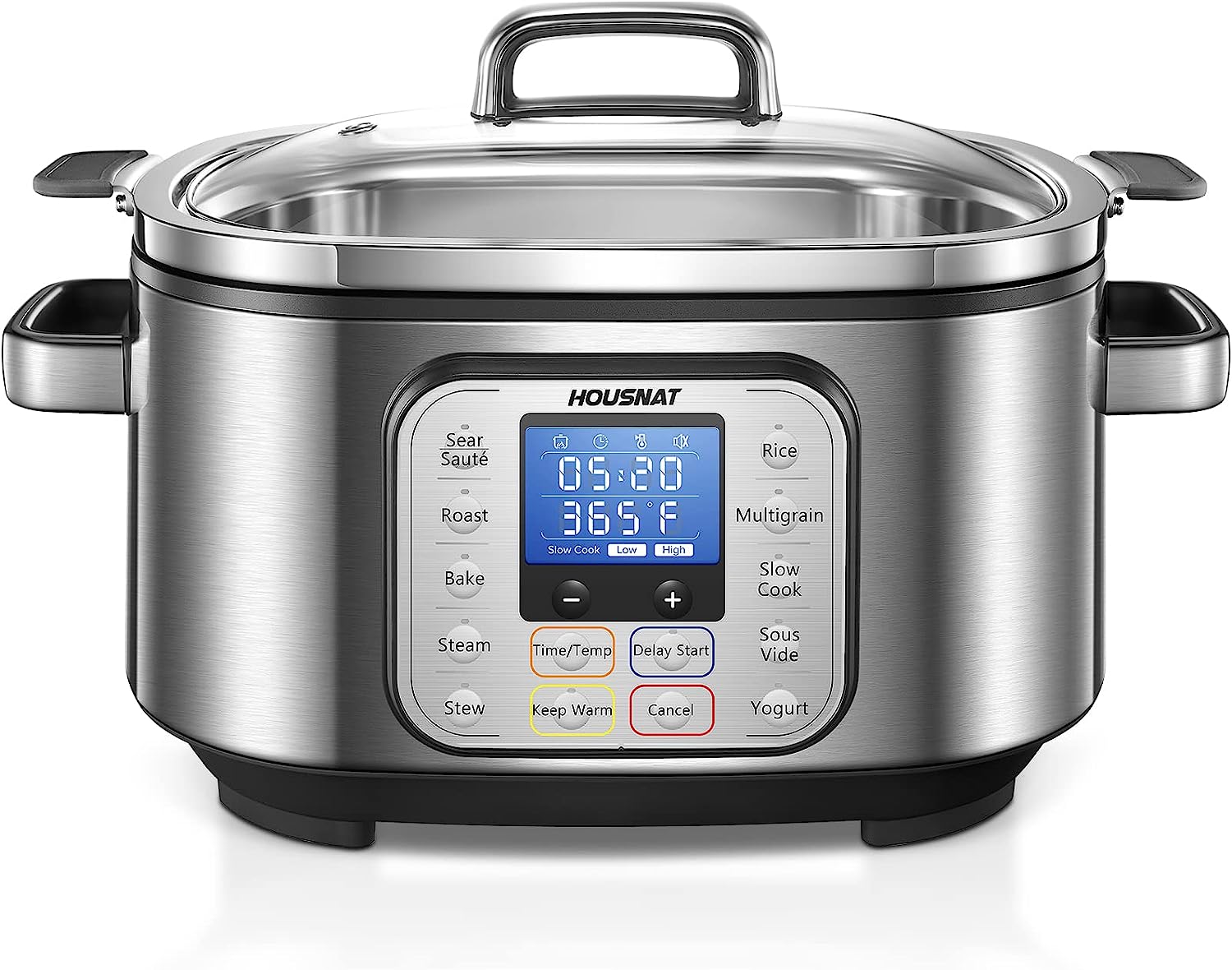 Slow Cooker. HOUSNAT 10 in 1 Programmable Cooker. 6Qt Stainless Steel. Rice Cooker. Yogurt Maker. Delay Start. Steaming Rack and Glass Lid. Adjustable Temp&Time for Slow Cook with Digital Timer