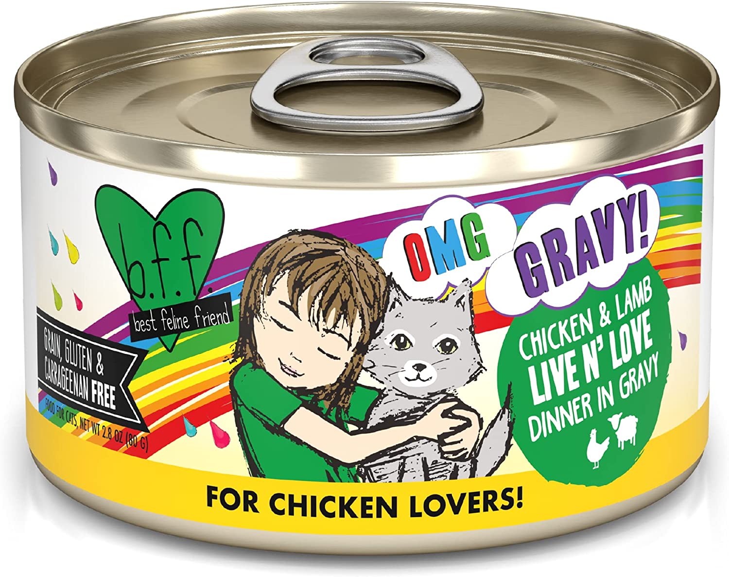 Weruva Wet Cat Food B.F.F. OMG - Best Feline Friend Oh My Gravy!. Chicken & Lamb Live N- Love with Chicken & Lamb in Gravy. 2.8oz Can (Pack of 12)