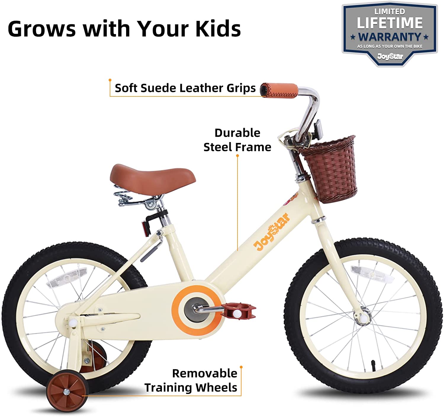 JOYSTAR Vintage 12 Inch Kids Bike with Basket & Training Wheels for 2-7 Years Old Girls & Boys (Green. Beige & Pink)