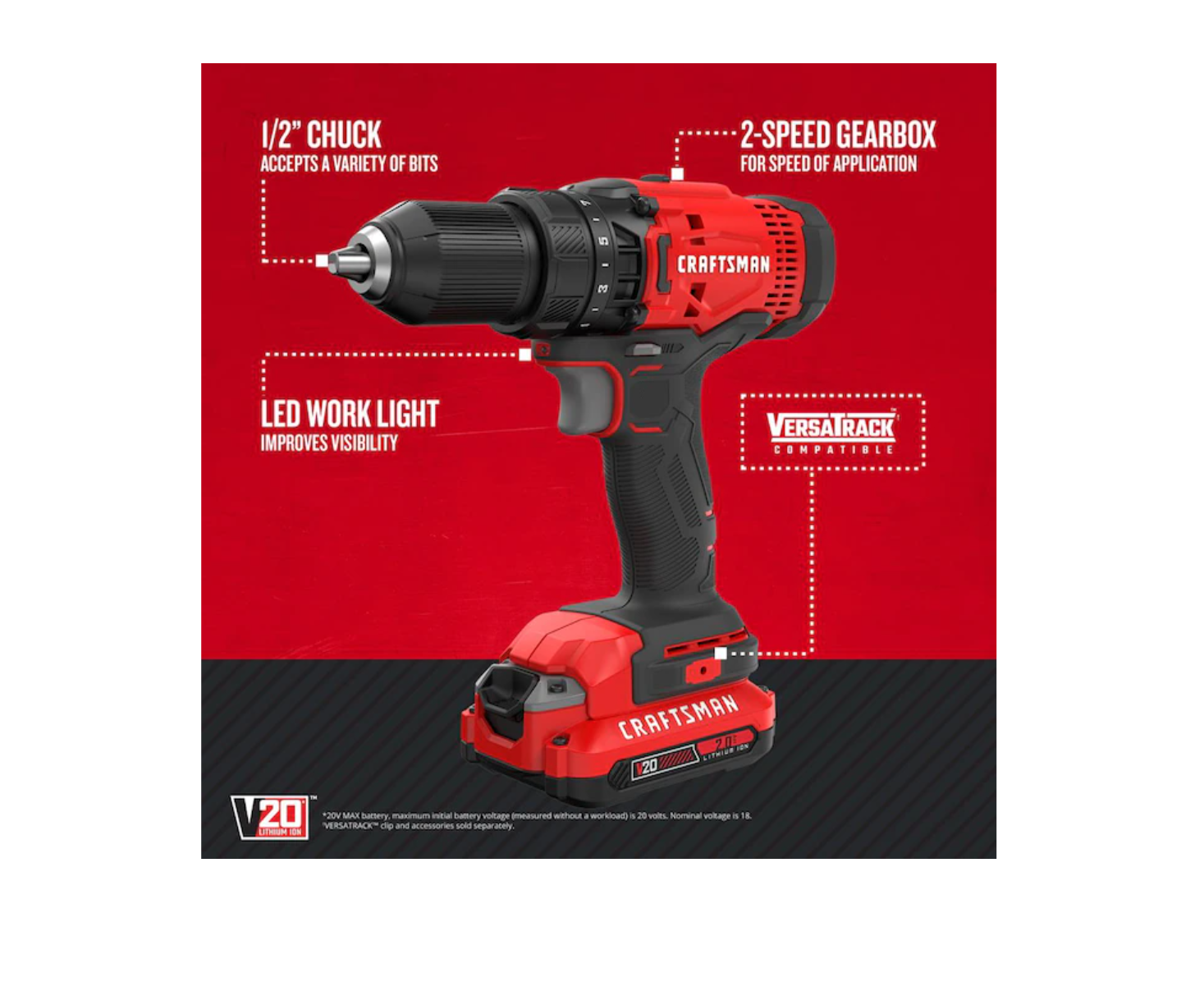 CRAFTSMAN CMCD700C1 V20 20-volt Max 1/2-in Cordless Drill (1-Battery Included and Charger Included)