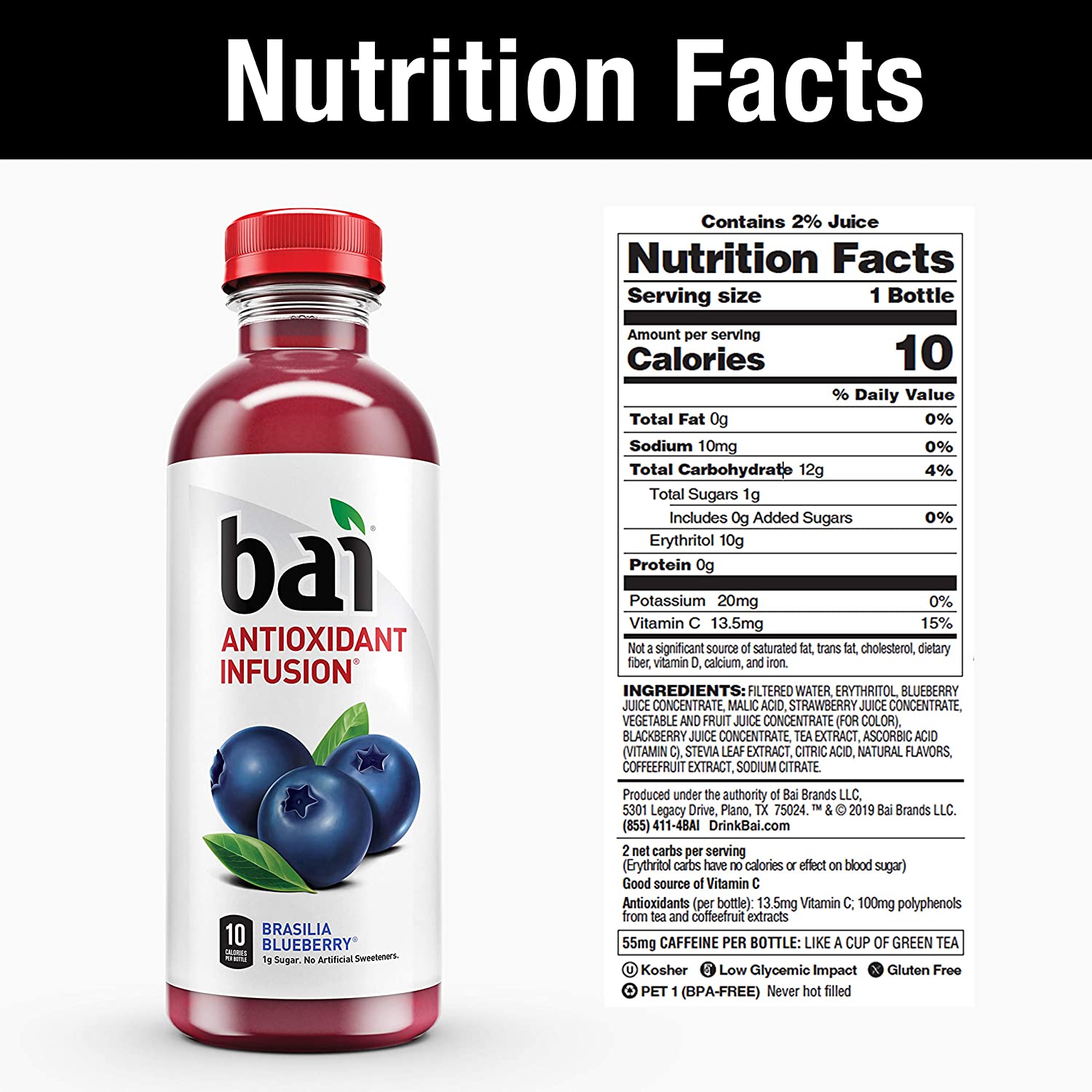 Bai. Brasilia Blueberry. Antioxidant Infused. 18 Ounce Bottles. 12 Count