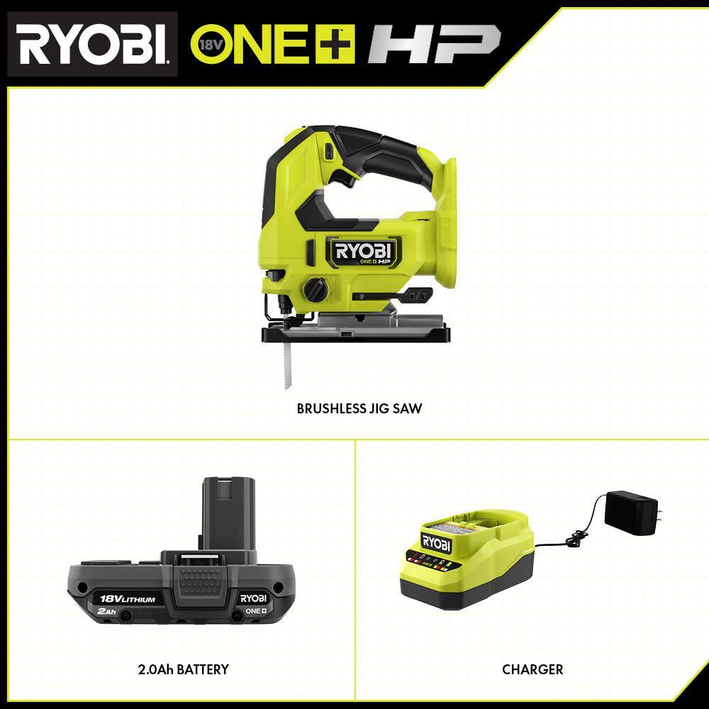 RYOBI PBLJS01B-PSK005 ONE+ HP 18V Brushless Cordless Jig Saw with 2.0 Ah Battery and Charger
