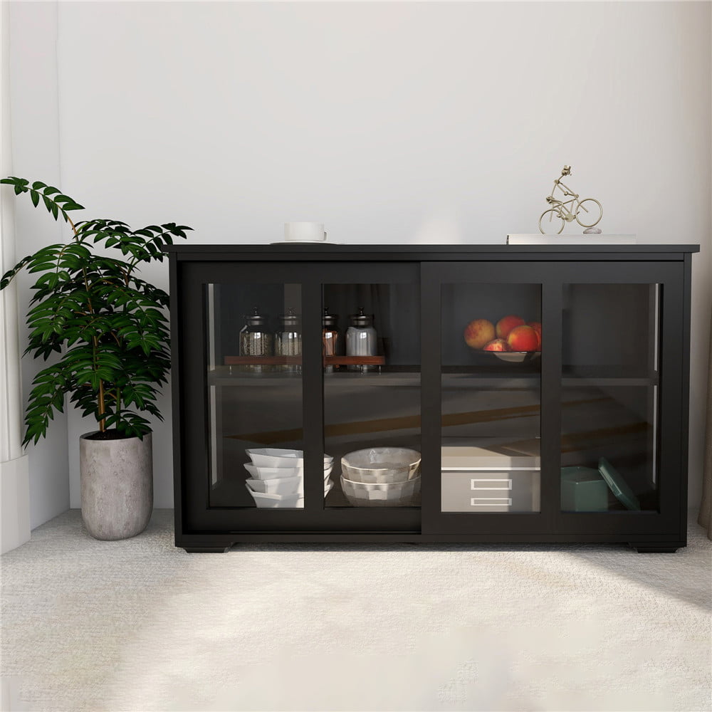 Visentor 42 Inch Kitchen Storage Cupboard. Dining Room Storage Cabinet with Glass Door. Sideboard Buffet Table. Black