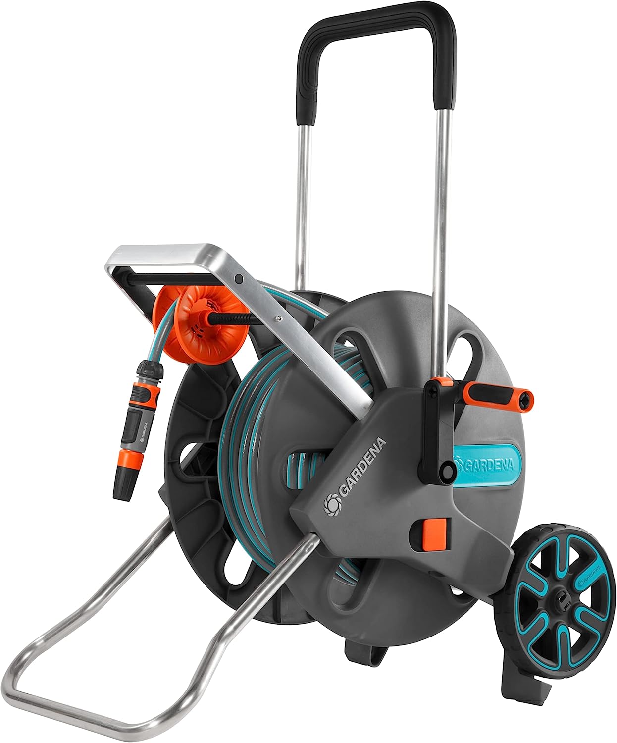 Gardena 18522-80 Frost Proof Hose Cart with Hose Guide. Includes 82 ft ½ Hose. 5 ft Connection Hose. Nozzle. and Adapters. Holds 328 ft ½ Hose. Durable Construction