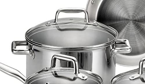 T-fal Stainless Steel Cookware. Multi-Clad. Dishwasher Safe and Oven Safe Cookware Set. Tri-Ply Bonded. 12-Piece. Silver. Model E469SC