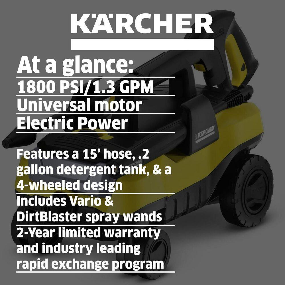 Karcher 1.601-990.0 1800 PSI 1.30 GPM K 3 Follow Me Portable Electric Power Pressure Washer on Wheels with Vario & Dirtblaster Spray Wands
